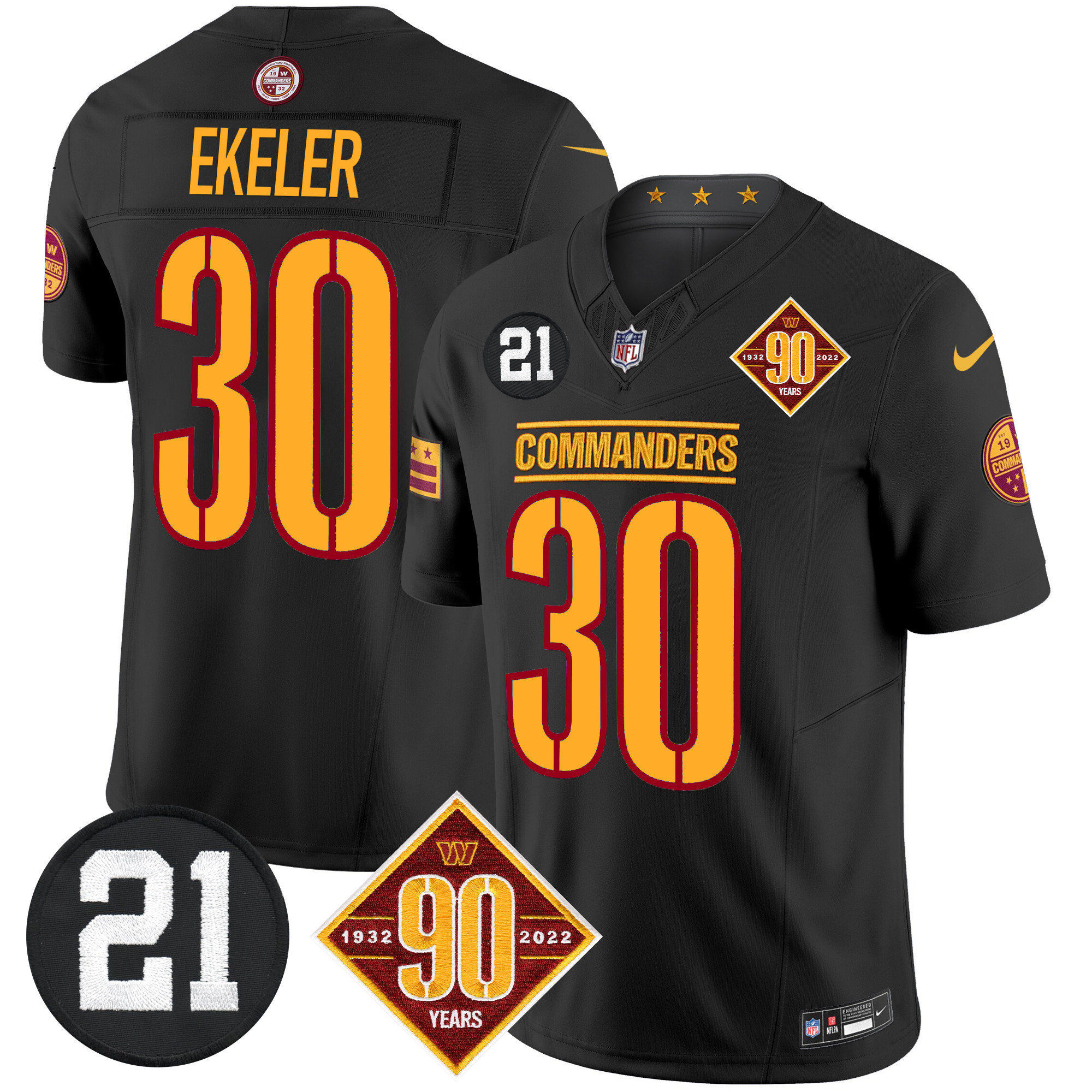 Austin Ekeler Men's Washington Commanders 90th & Sean Taylor Patch Vapor Limited Black Jersey - All Stitched