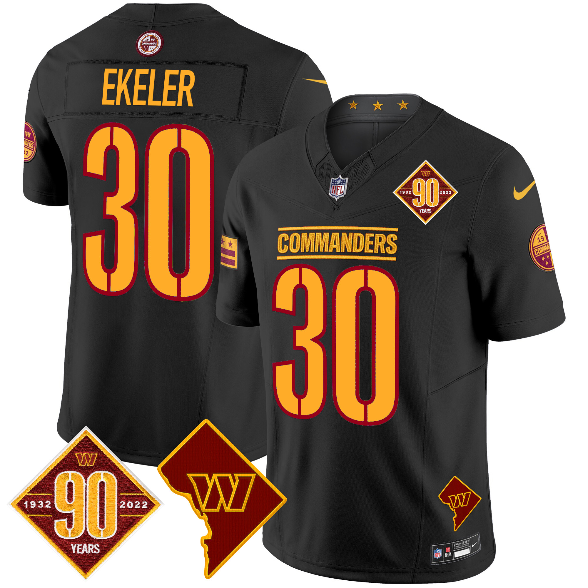 Austin Ekeler Men's Washington Commanders 90th Anniversary & Home Patch Vapor Limited Black Jersey - All Stitched