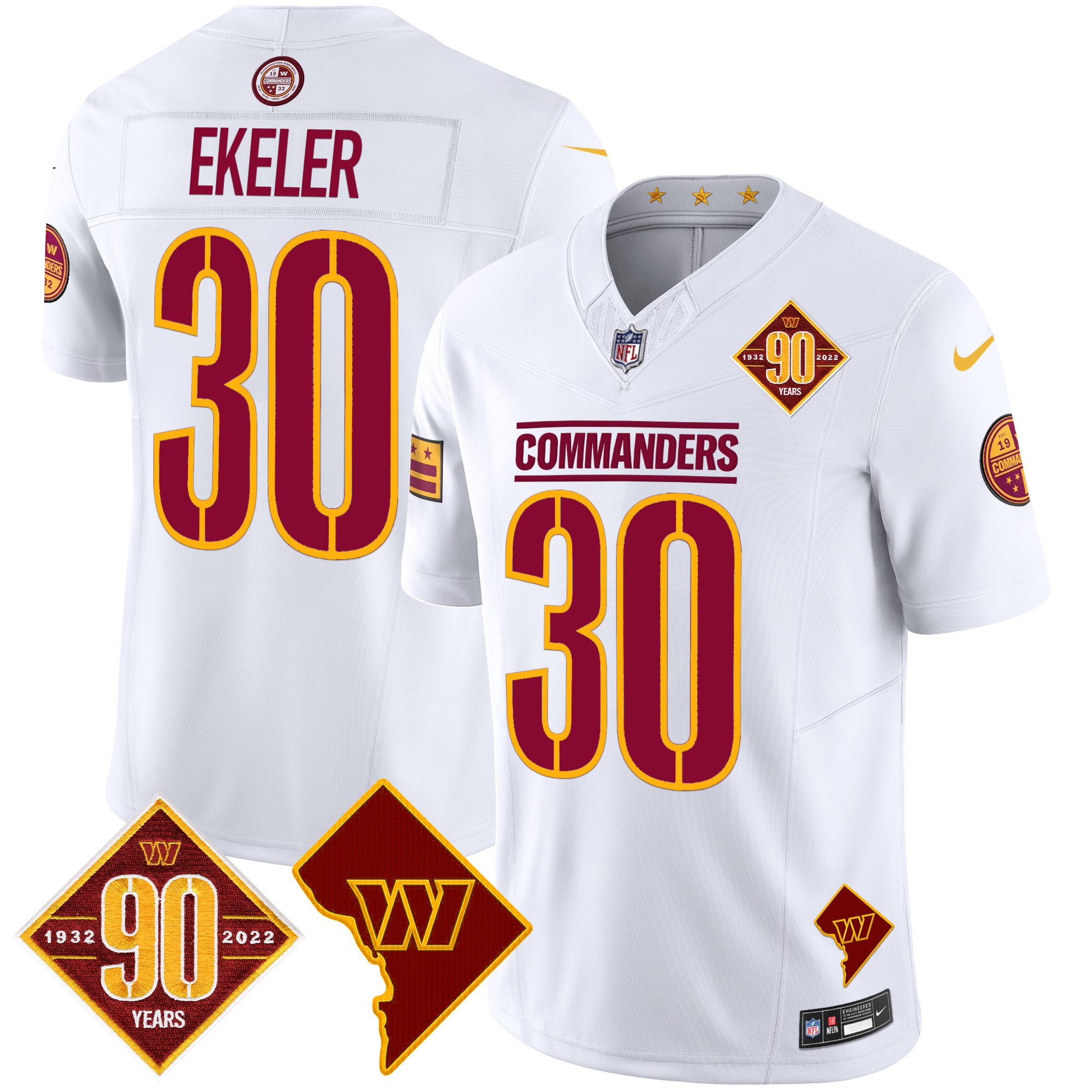 Austin Ekeler Men's Washington Commanders 90th Anniversary & Home Patch Vapor Limited White Jersey - All Stitched