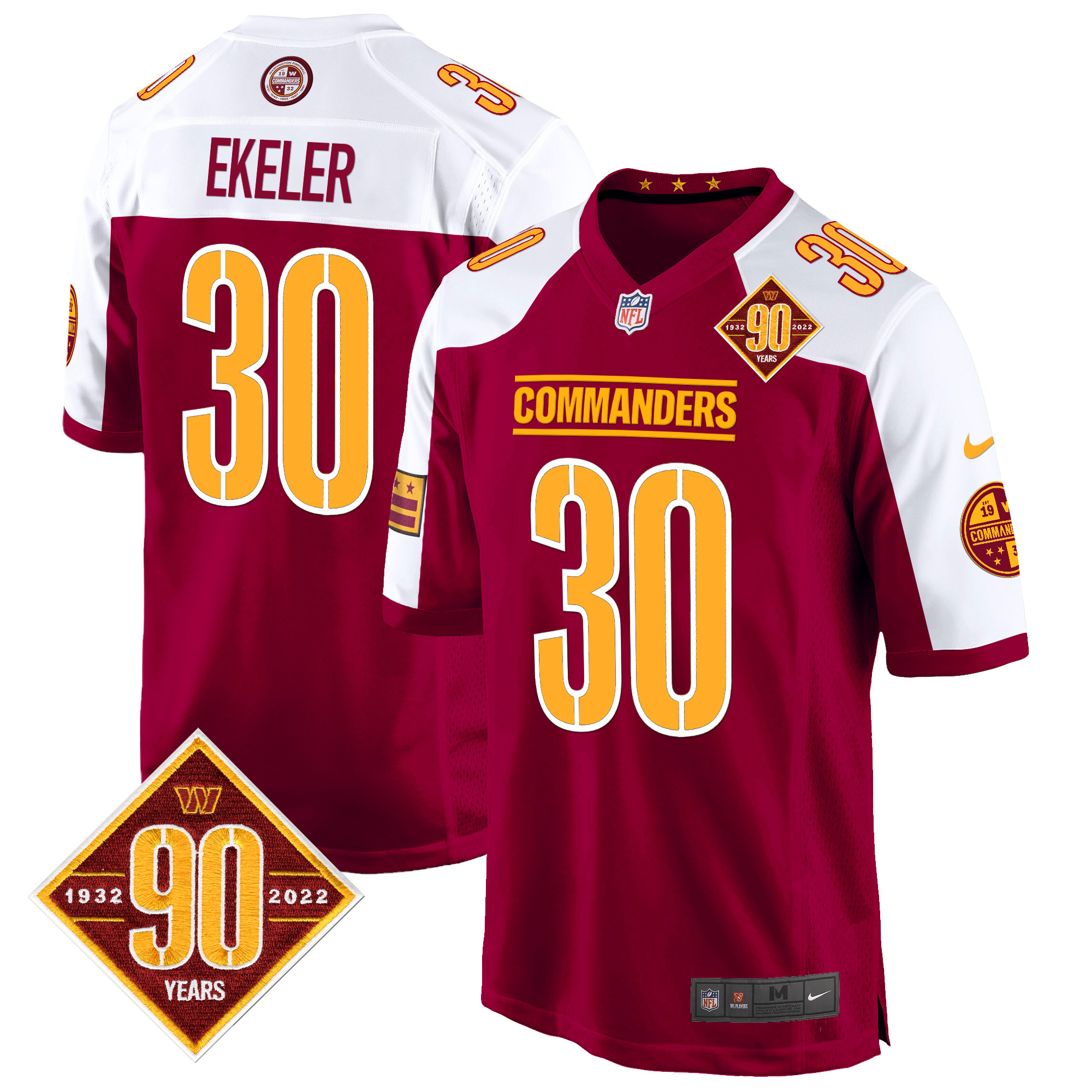 Austin Ekeler Men's Washington Commanders 90th Anniversary Patch Game Burgundy Alternate Jersey - All Stitched