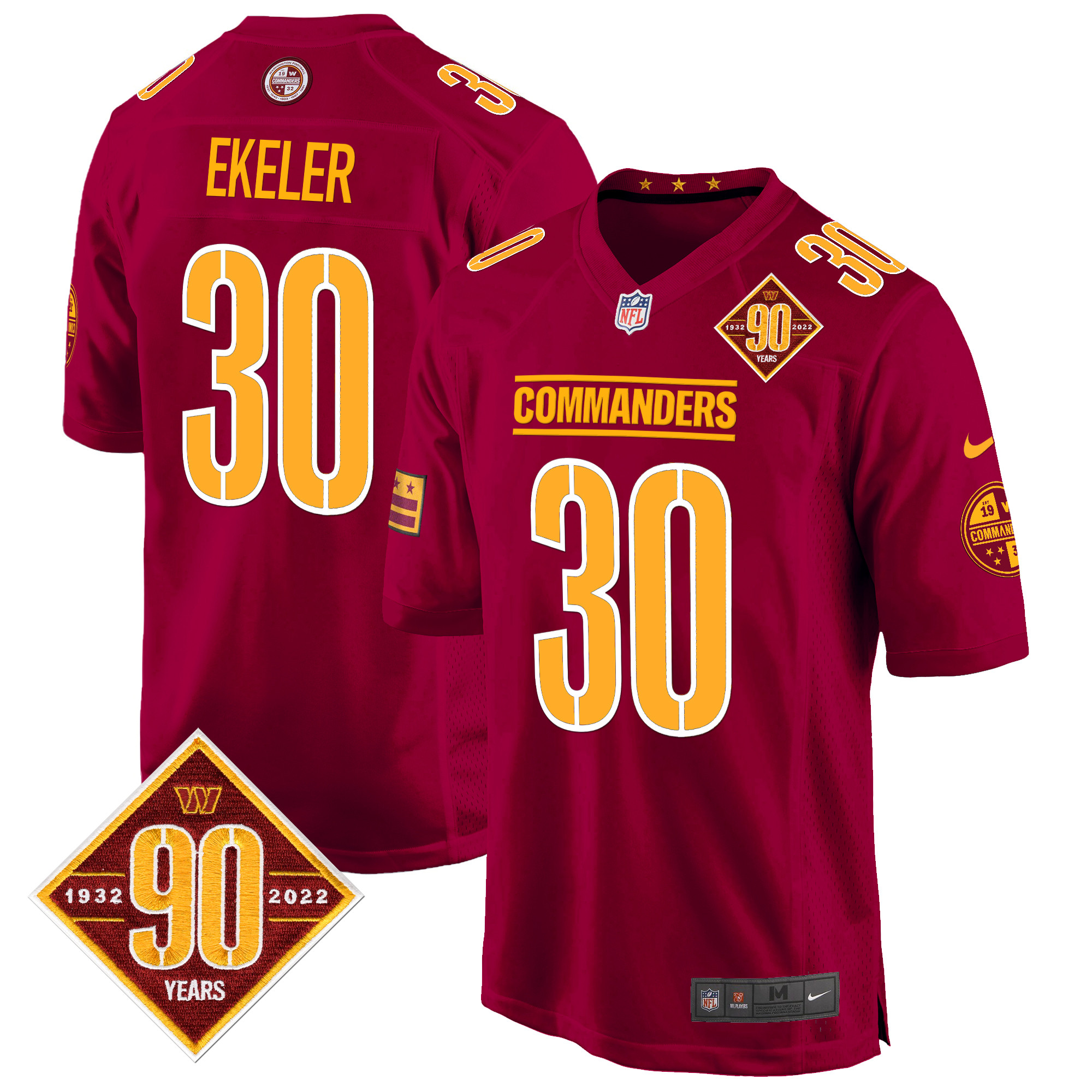 Austin Ekeler Men's Washington Commanders 90th Anniversary Patch Game Burgundy Jersey - All Stitched