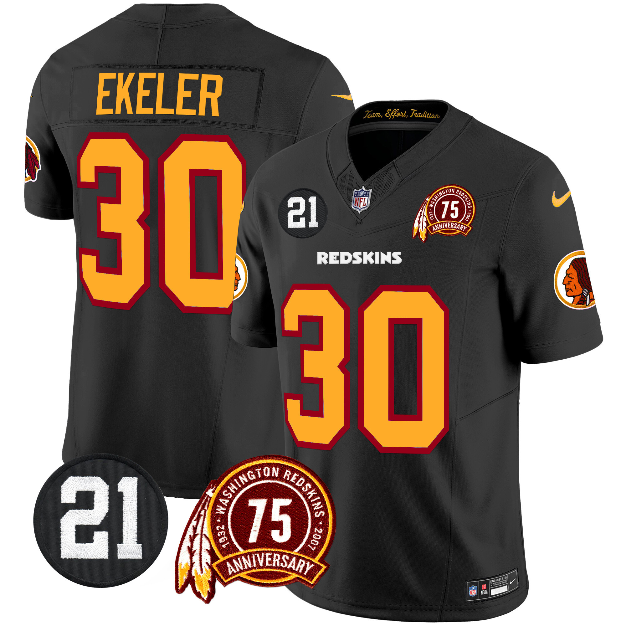 Austin Ekeler Men's Washington Redskins 75th & Sean Taylor Patch Vapor Limited Black Jersey - All Stitched