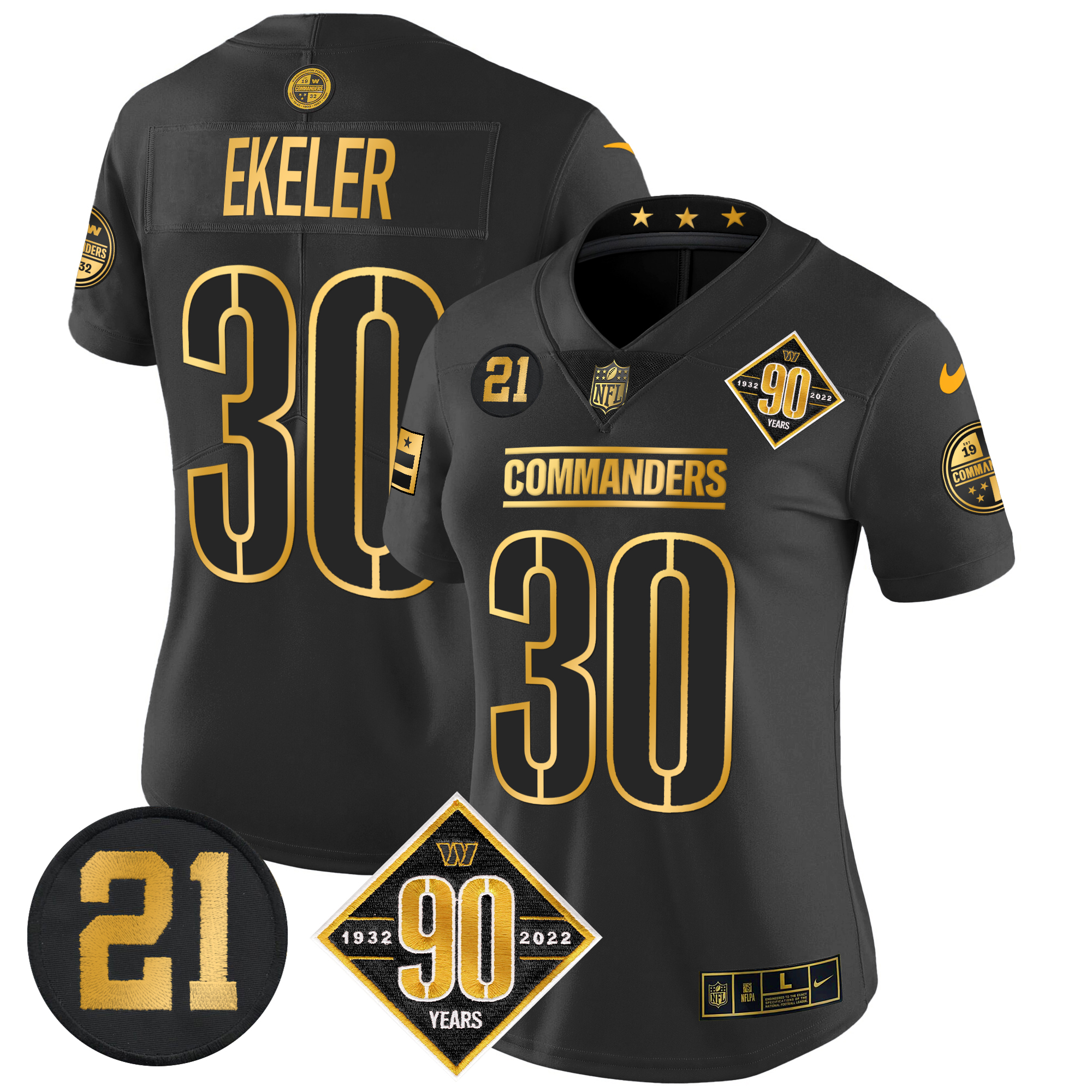 Austin Ekeler Women's Washington Commanders 90th & Sean Taylor Patch Gold Vapor Limited Black Gold Jersey - All Stitched