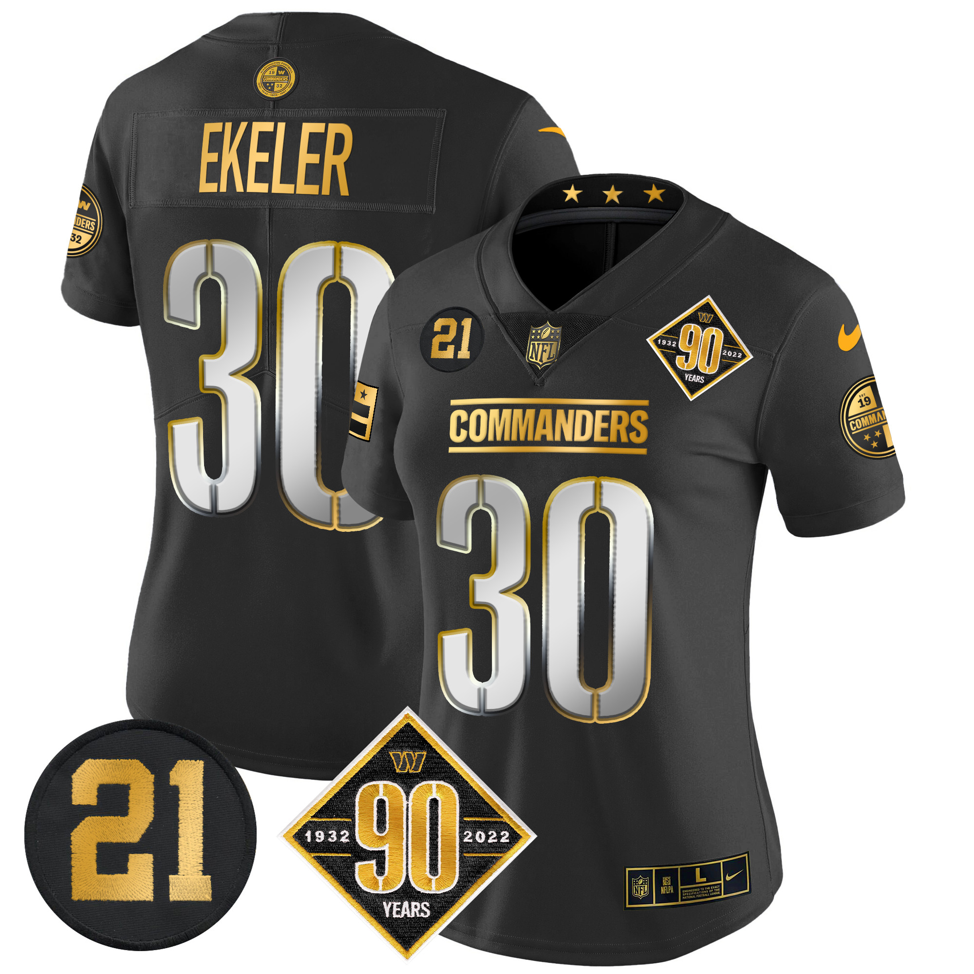 Austin Ekeler Women's Washington Commanders 90th & Sean Taylor Patch Gold Vapor Limited Black Limited Jersey - All Stitched