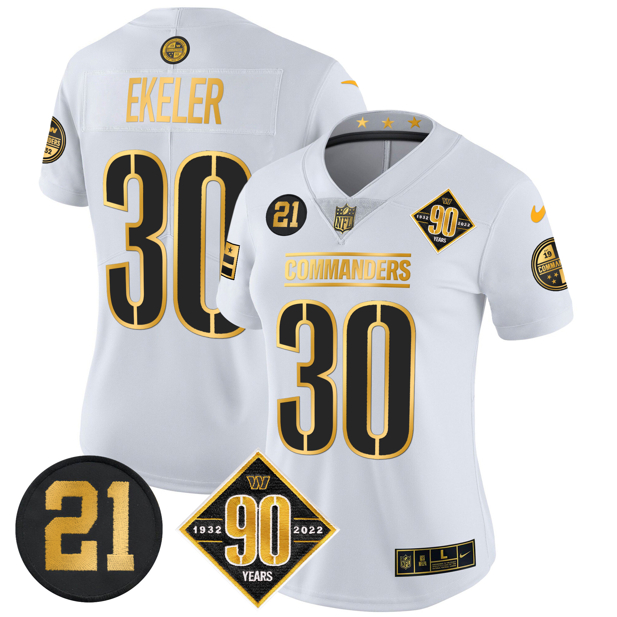 Austin Ekeler Women's Washington Commanders 90th & Sean Taylor Patch Gold Vapor Limited White Gold Jersey - All Stitched