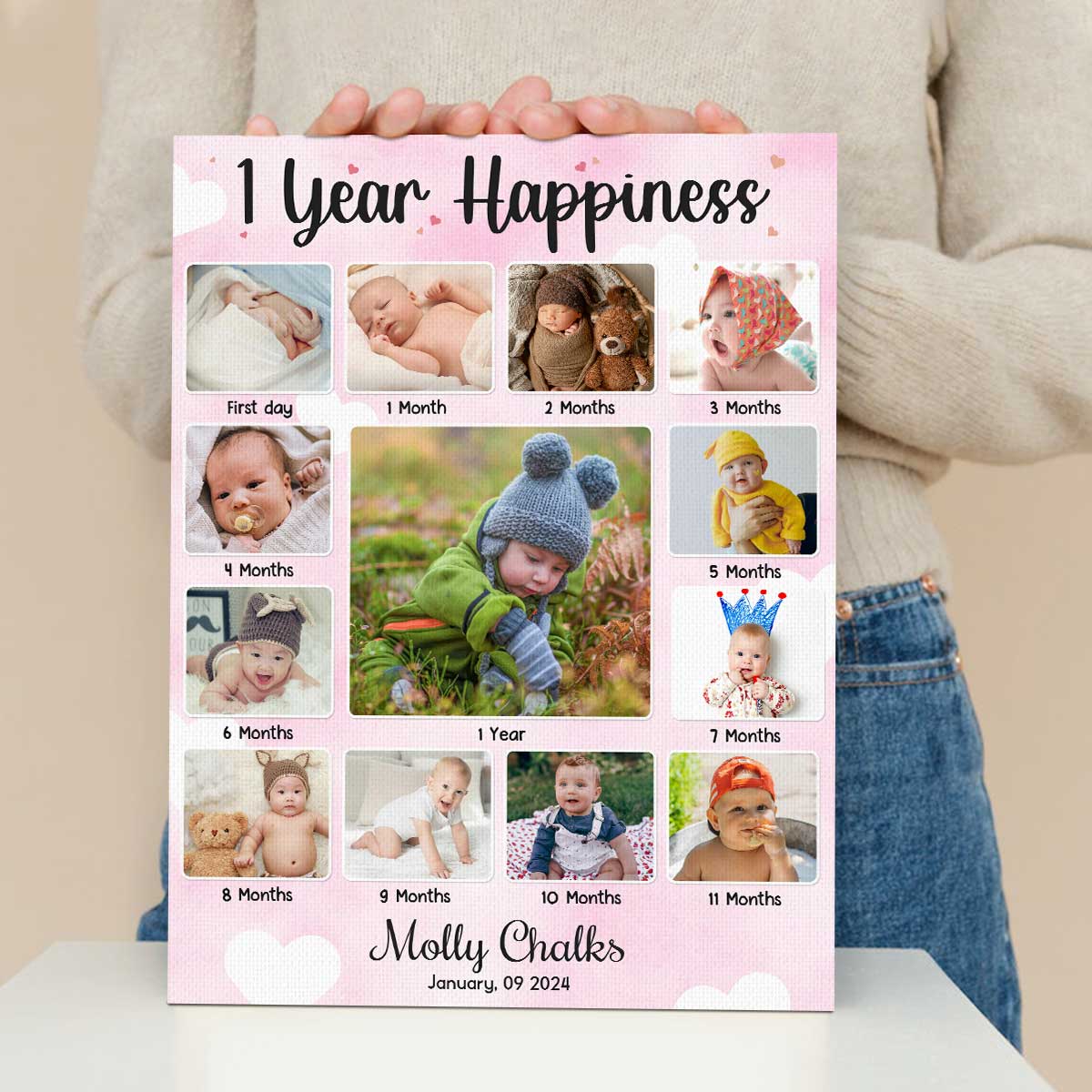 BabyÃ¢â‚¬â„¢s First Year Photo Milestone Collage Gifts, Personalized 12 Months Photo Canvas Print, Wall Art For BabyÃ¢â‚¬â„¢s 1st Year, First Year Birthday Gifts