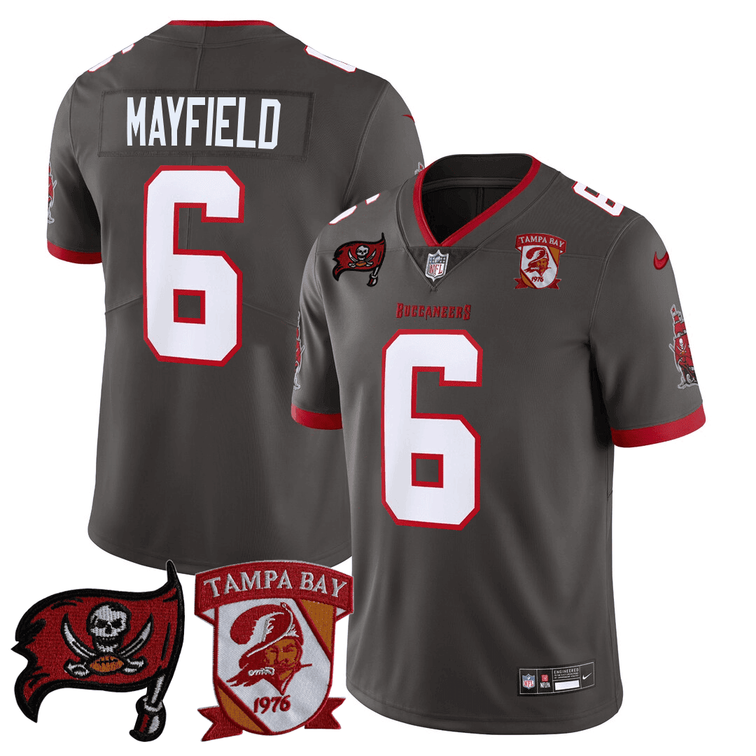 Baker Mayfield MenÃ¢â‚¬â„¢s Tampa Bay Buccaneers Logo Patch Pewter Jersey - All Stitched