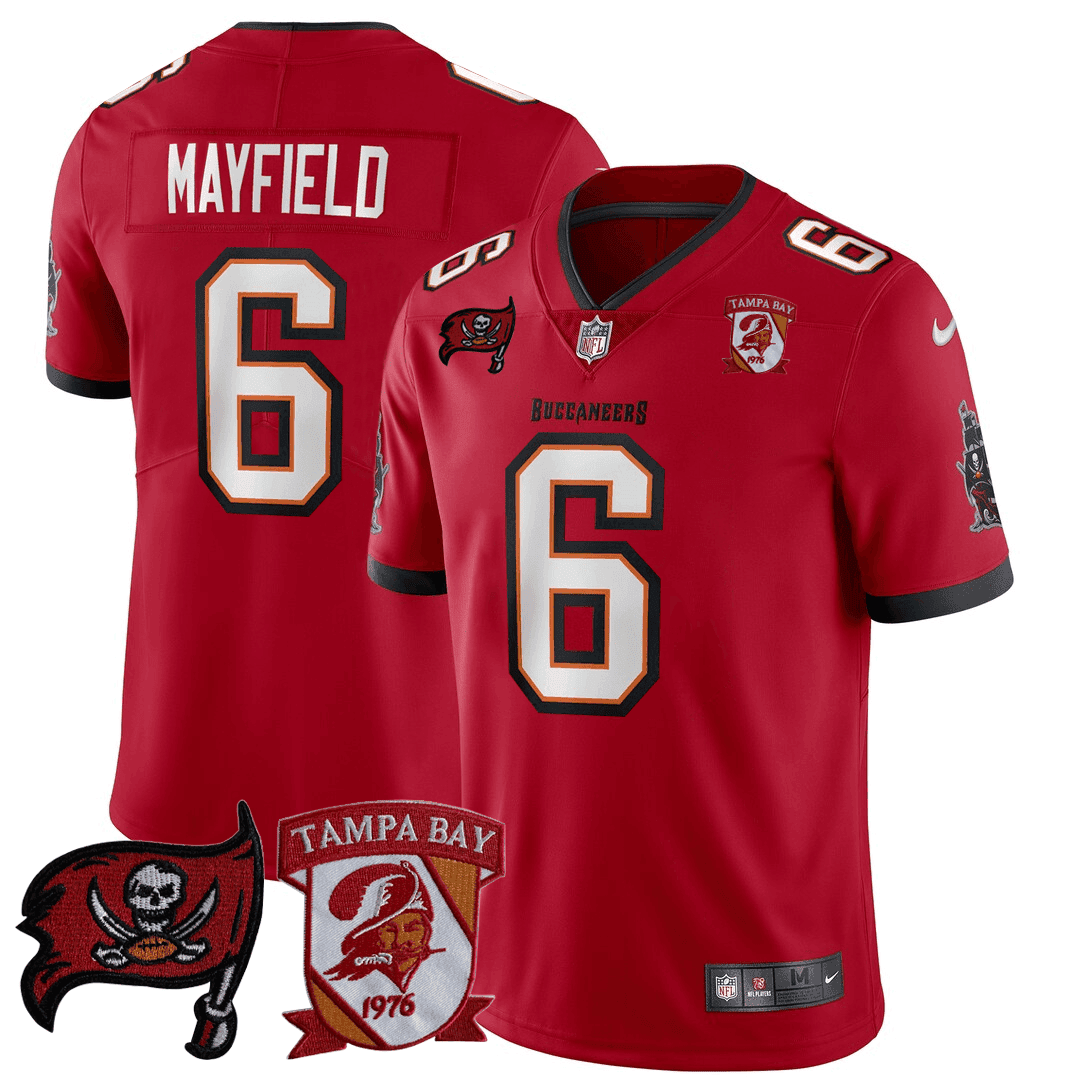 Baker Mayfield MenÃ¢â‚¬â„¢s Tampa Bay Buccaneers Logo Patch Red Jersey - All Stitched