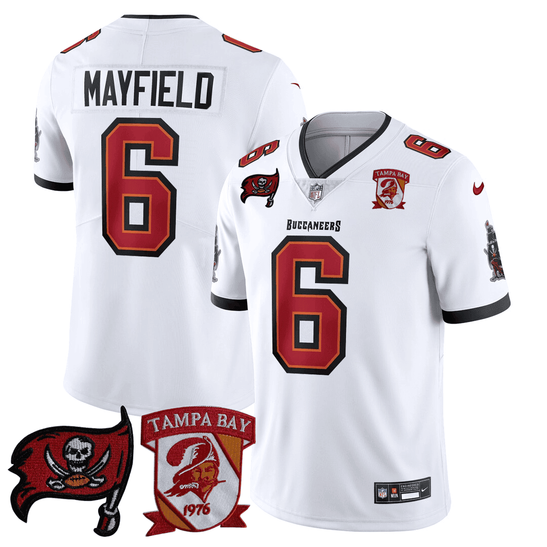 Baker Mayfield MenÃ¢â‚¬â„¢s Tampa Bay Buccaneers Logo Patch White Jersey - All Stitched