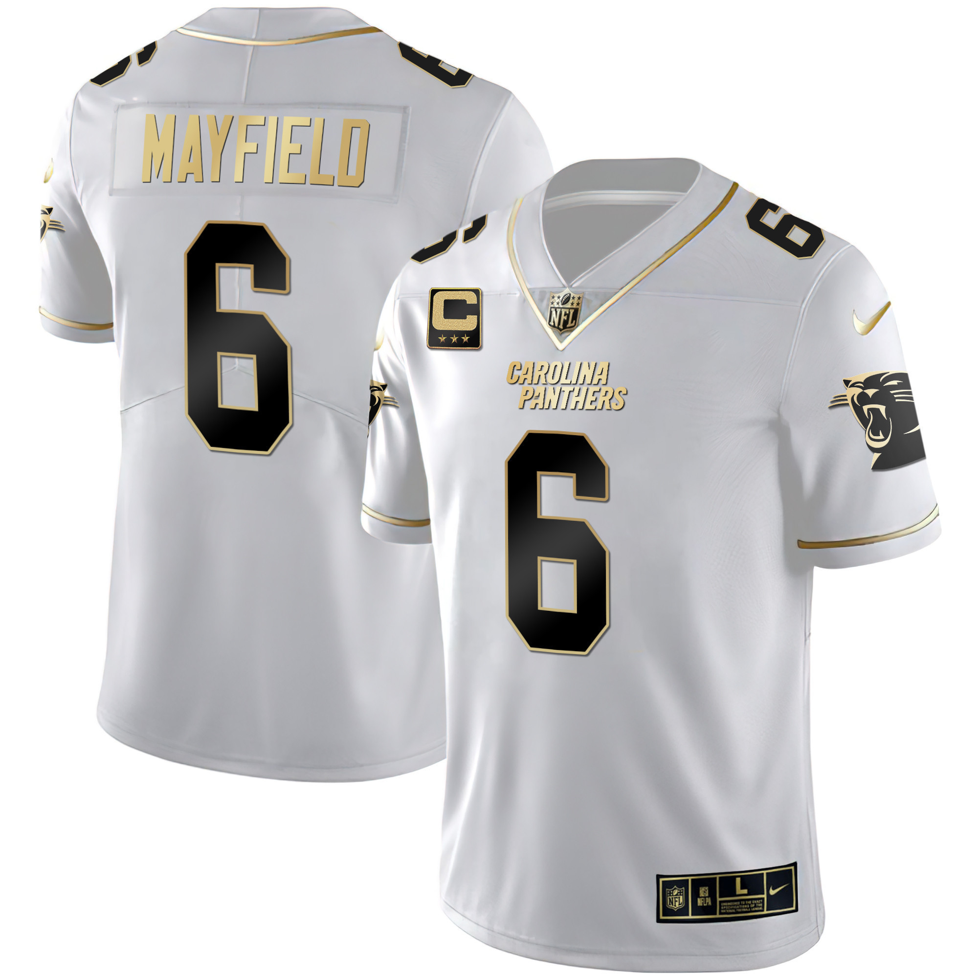 Baker Mayfield Men's Carolina Panthers Black Gold & White Gold Vapor Limited White Gold Jersey - All Stitched