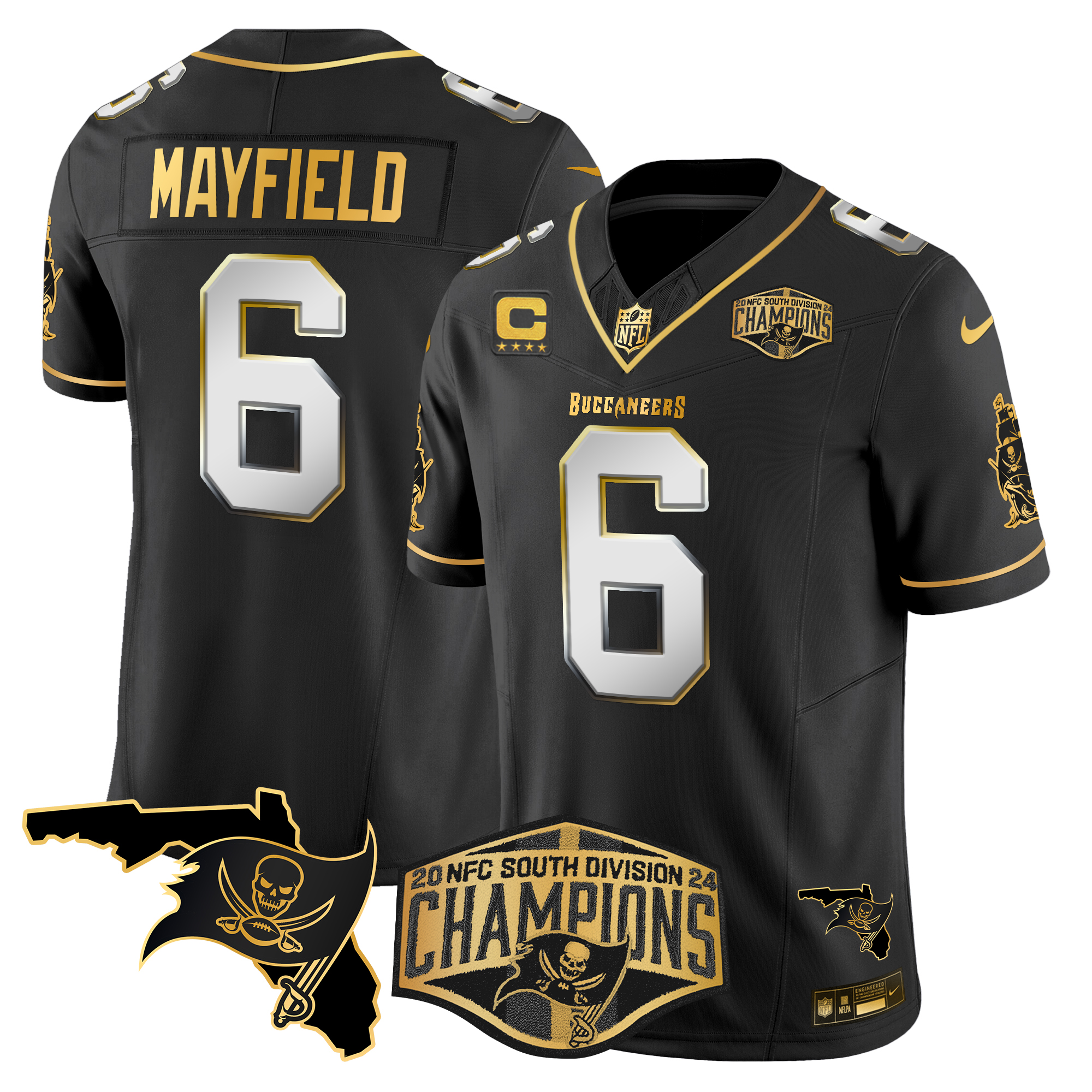 Baker Mayfield Men's Tampa Bay Buccaneers 2024 NFC South Division Champions Patch Gold Vapor Limited Black Limited Jersey - All Stitched