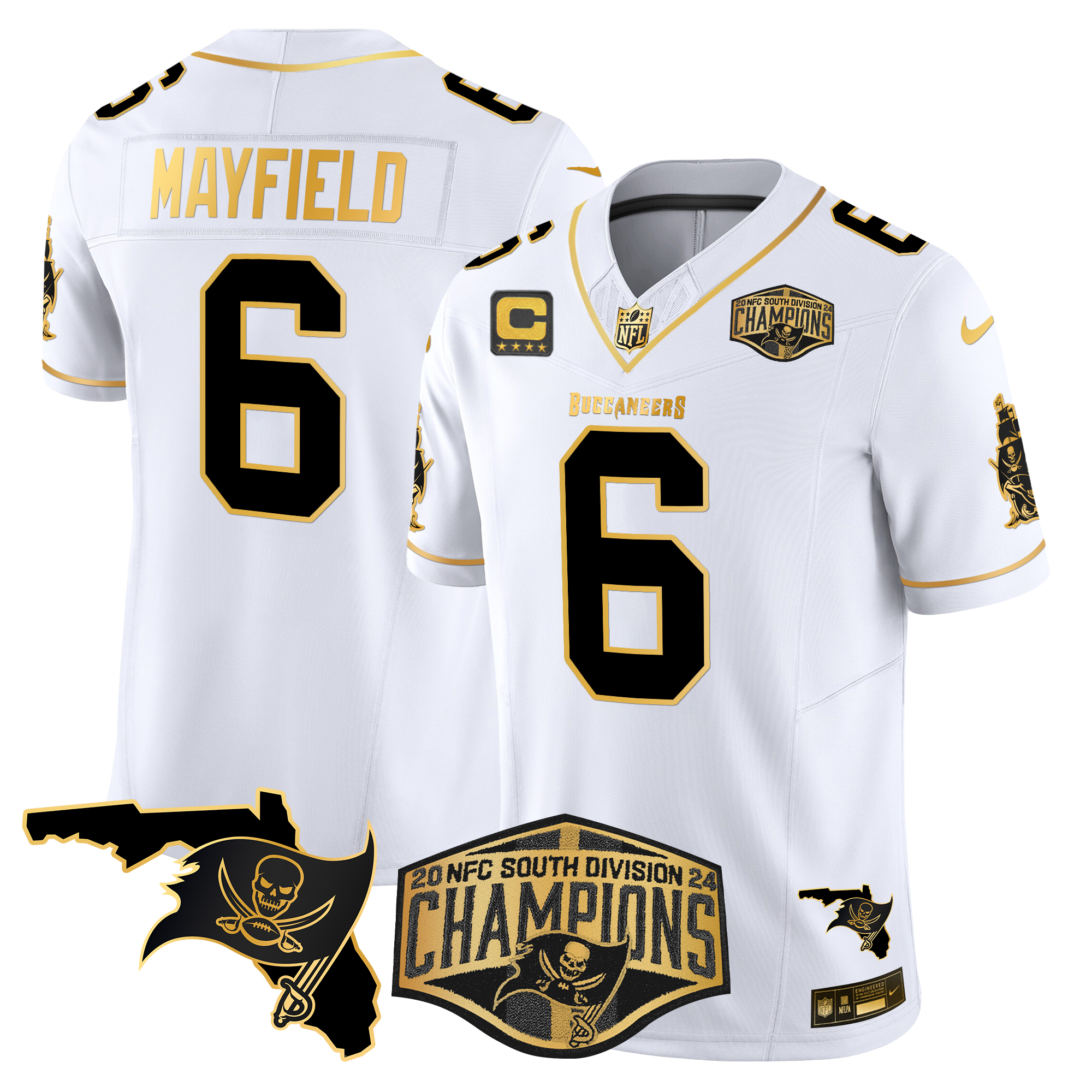 Baker Mayfield Men's Tampa Bay Buccaneers 2024 NFC South Division Champions Patch Gold Vapor Limited White Gold Jersey - All Stitched