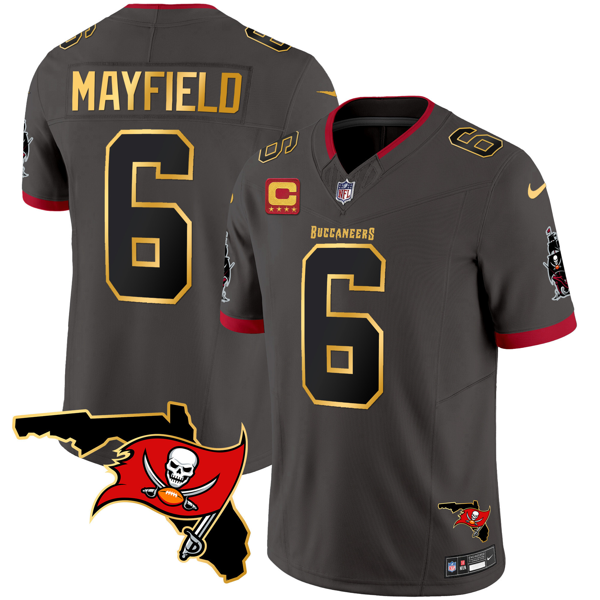 Baker Mayfield Men's Tampa Bay Buccaneers Florida Patch Gold Trim Vapor Pewter Jersey - All Stitched