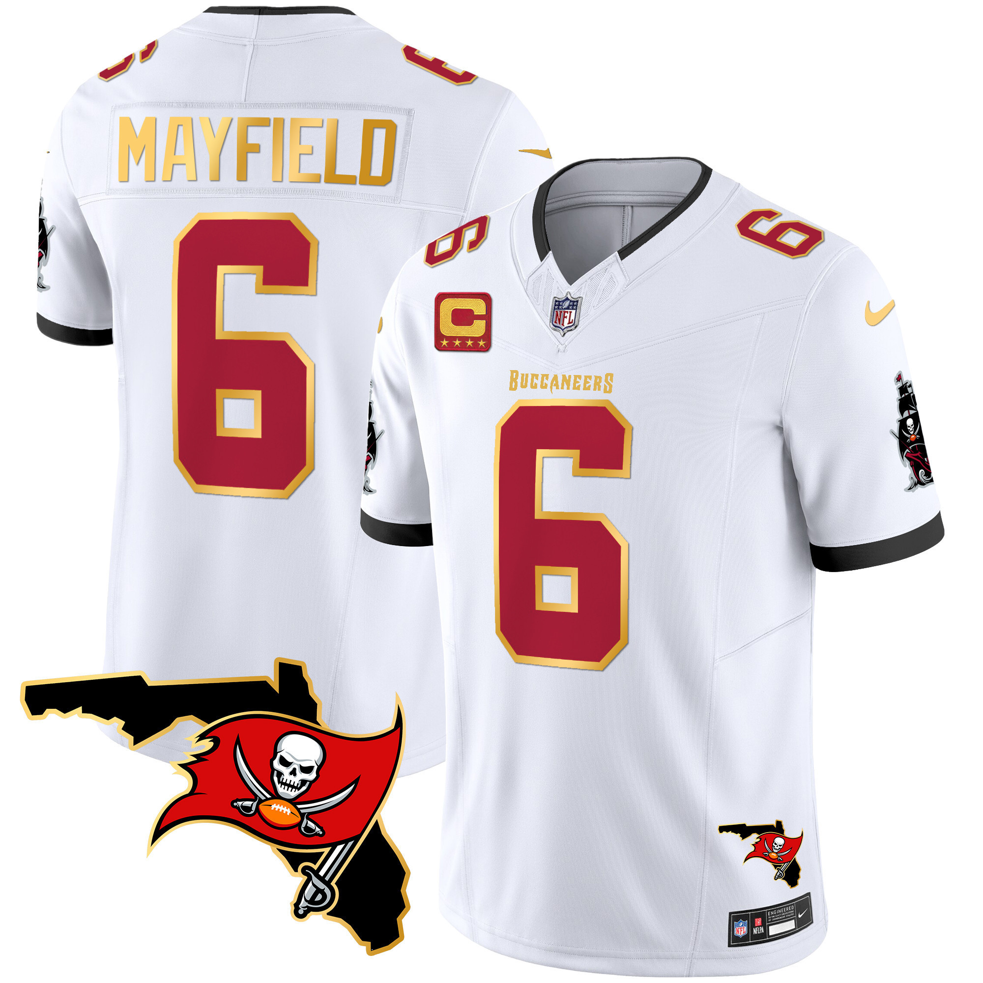 Baker Mayfield Men's Tampa Bay Buccaneers Florida Patch Gold Trim Vapor White Jersey - All Stitched