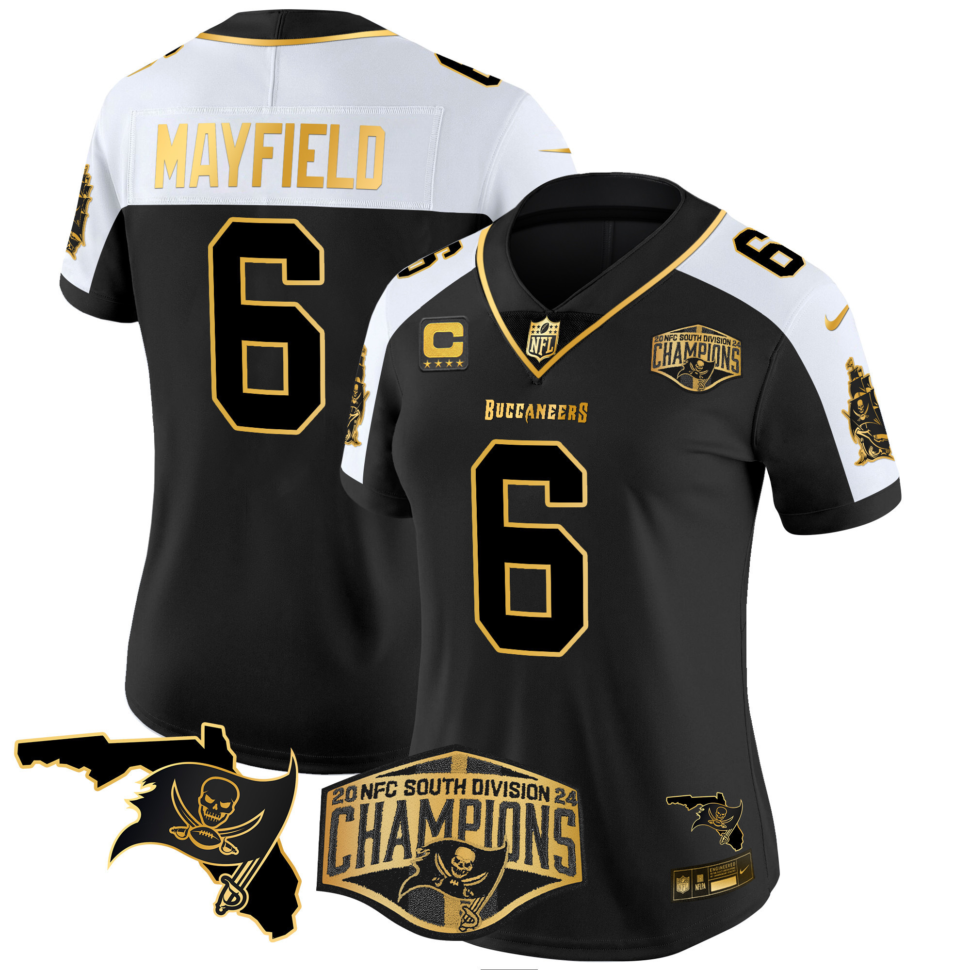 Baker Mayfield Women's Tampa Bay Buccaneers 2024 NFC South Division Champions Patch Gold Vapor Limited Alternate Jersey - All Stitched