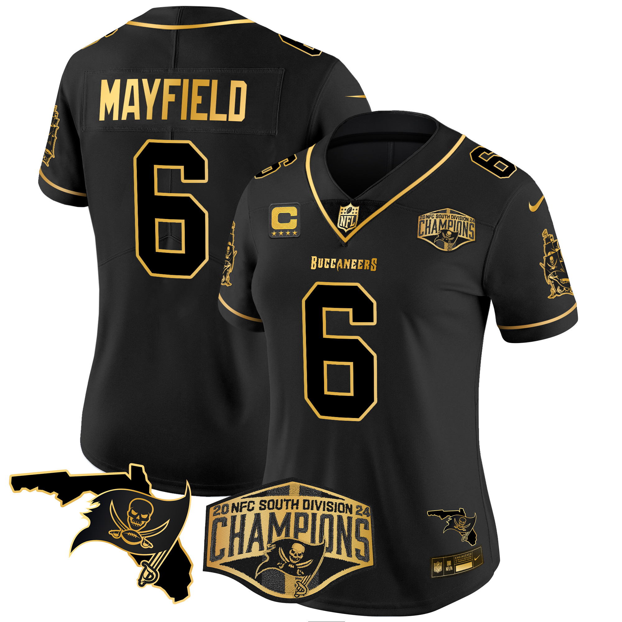 Baker Mayfield Women's Tampa Bay Buccaneers 2024 NFC South Division Champions Patch Gold Vapor Limited Black Gold Jersey - All Stitched