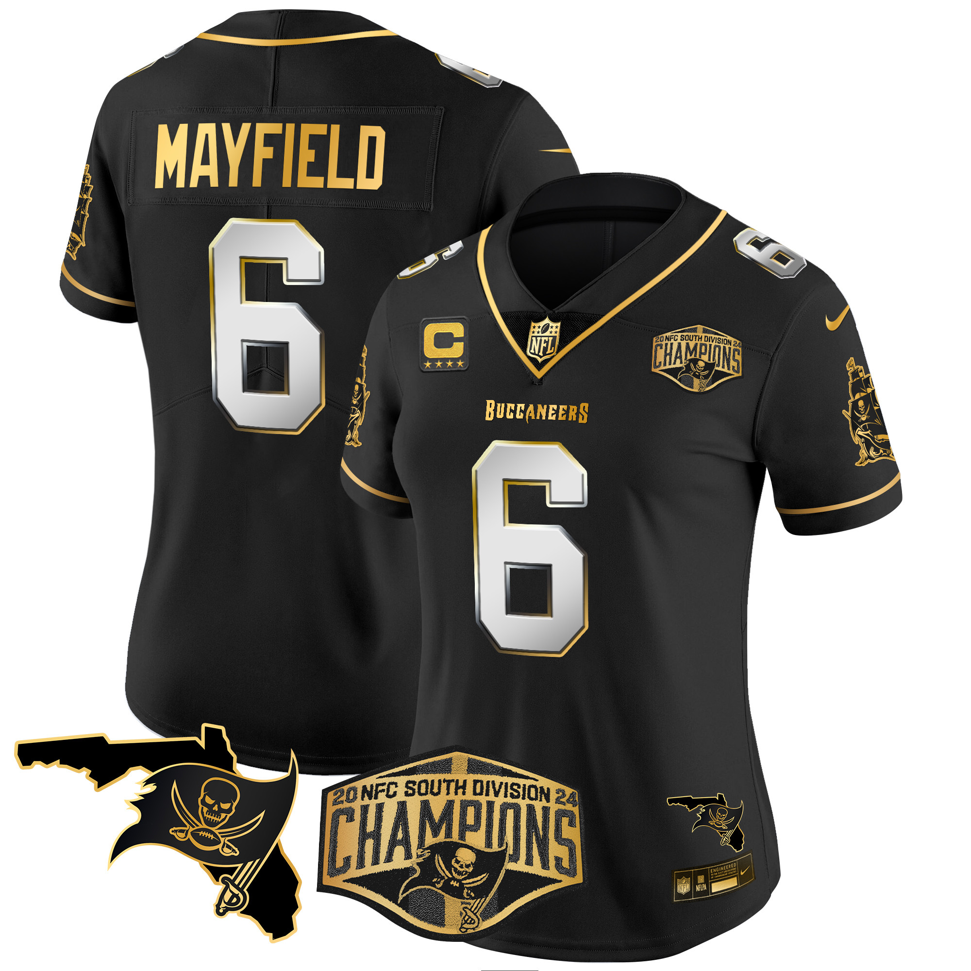 Baker Mayfield Women's Tampa Bay Buccaneers 2024 NFC South Division Champions Patch Gold Vapor Limited Black Limited Jersey - All Stitched
