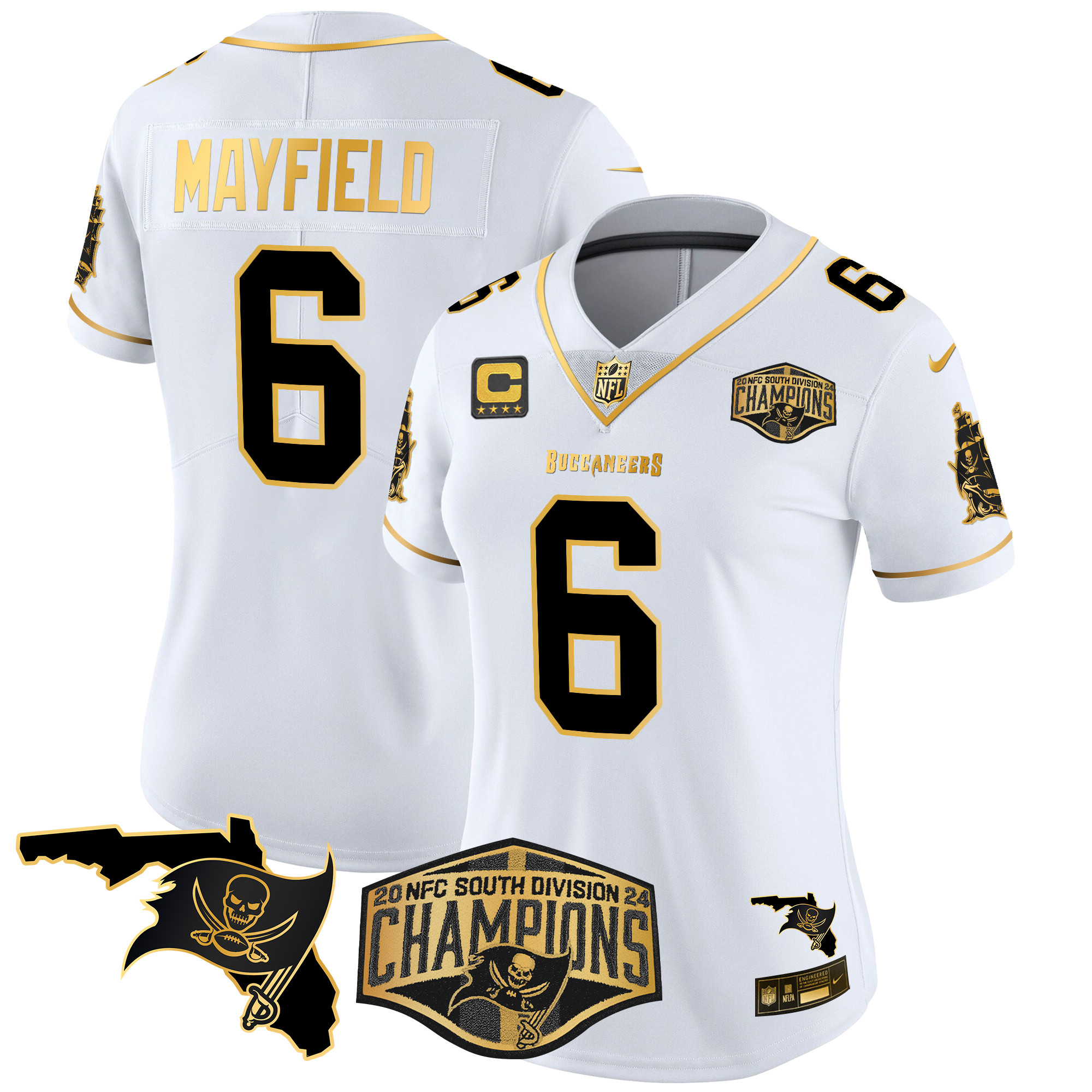 Baker Mayfield Women's Tampa Bay Buccaneers 2024 NFC South Division Champions Patch Gold Vapor Limited White Gold Jersey - All Stitched