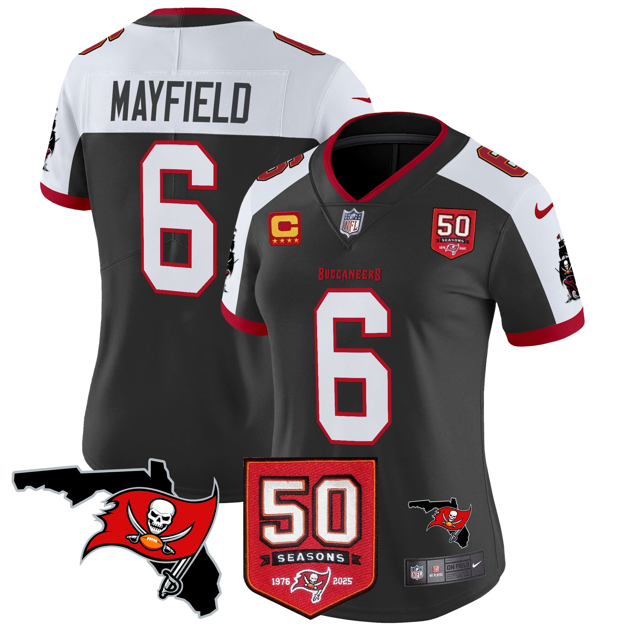 Baker Mayfield Women's Tampa Bay Buccaneers 50th Season Patch Vapor Limited Black Alternate Jersey - All Stitched