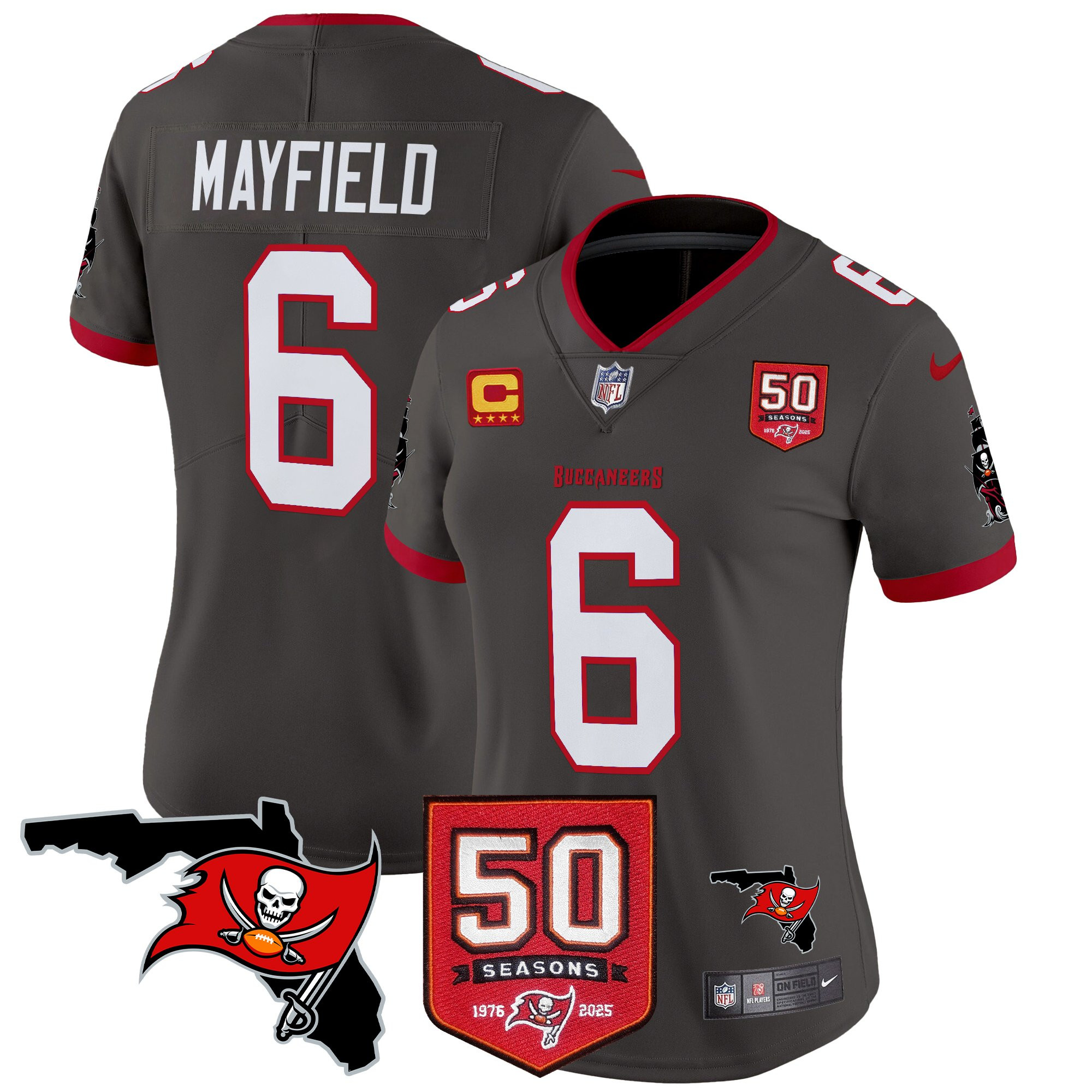 Baker Mayfield Women's Tampa Bay Buccaneers 50th Season Patch Vapor Limited Pewter Jersey - All Stitched