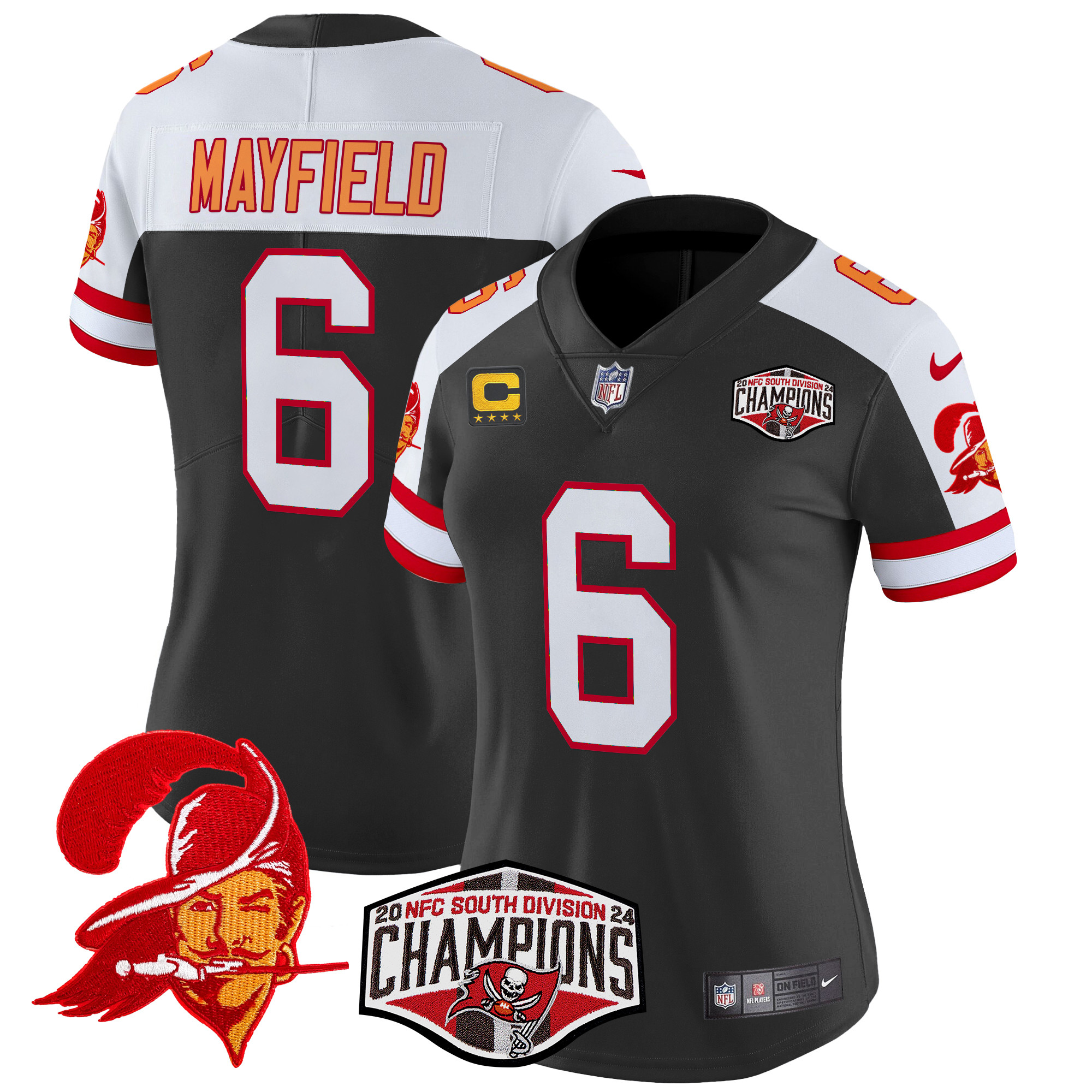 Baker Mayfield Women's Tampa Bay Buccaneers Creamsicle 2024 NFC South Division Champions Patch Vapor Limited Black Alternate Jersey - All Stitched