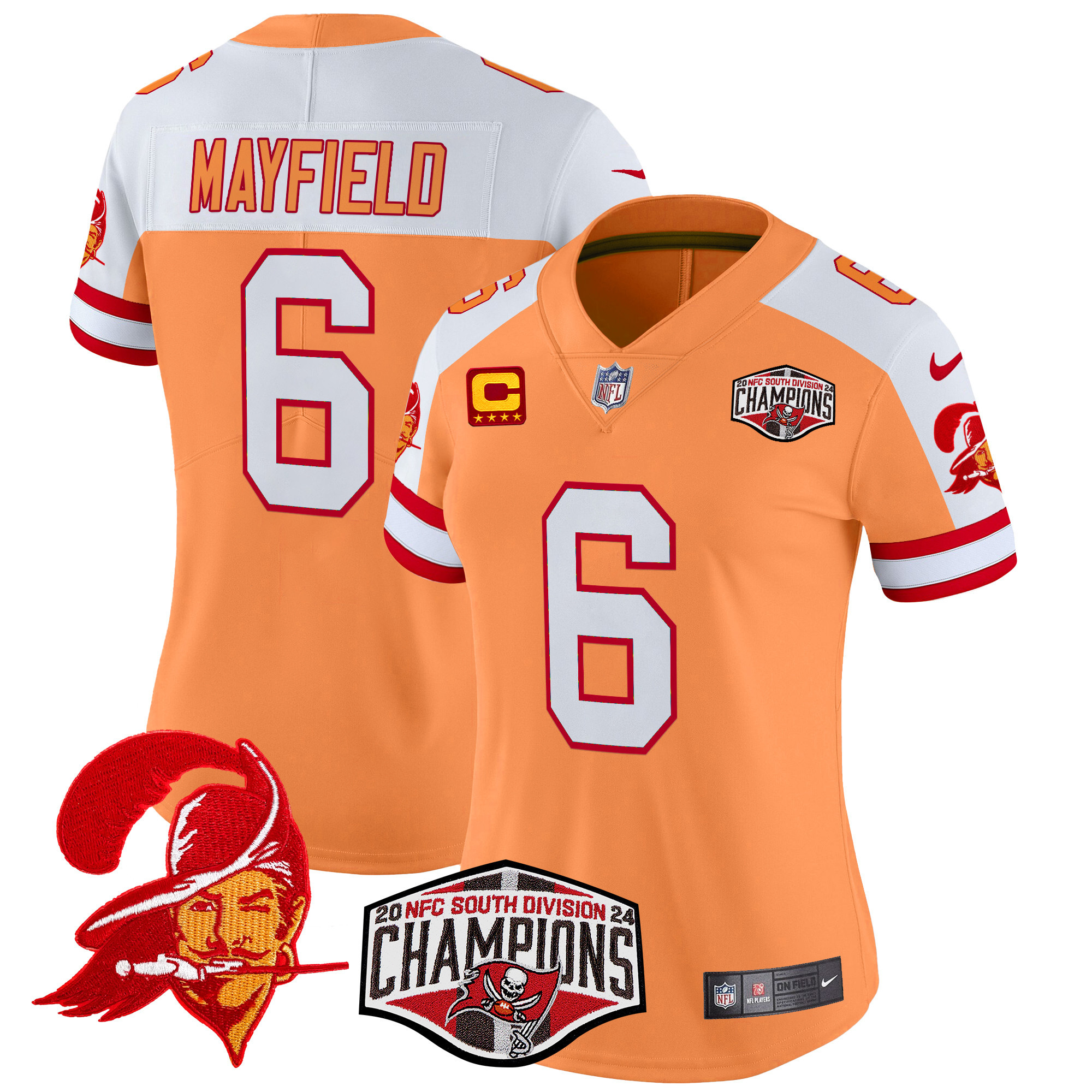 Baker Mayfield Women's Tampa Bay Buccaneers Creamsicle 2024 NFC South Division Champions Patch Vapor Limited Creamsicle Alternate Jersey - All Stitched