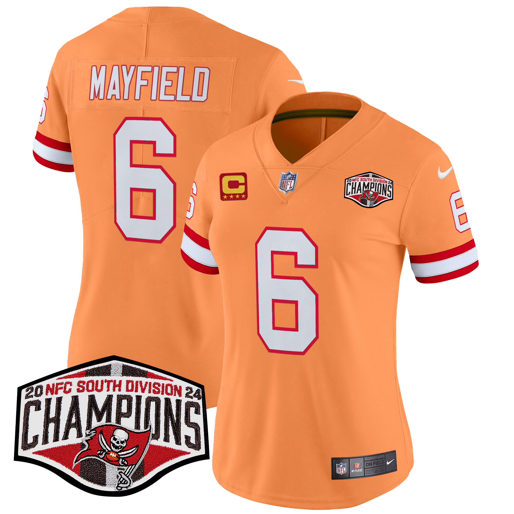 Baker Mayfield Women's Tampa Bay Buccaneers Creamsicle 2024 NFC South Division Champions Patch Vapor Limited Creamsicle Jersey - All Stitched