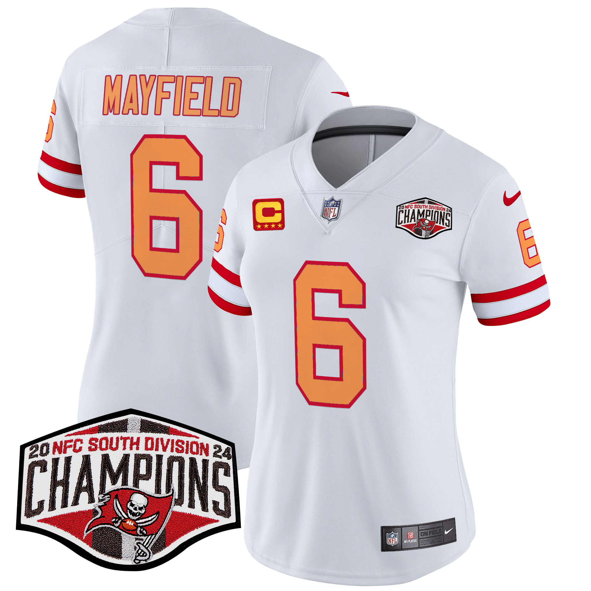 Baker Mayfield Women's Tampa Bay Buccaneers Creamsicle 2024 NFC South Division Champions Patch Vapor Limited White Jersey - All Stitched