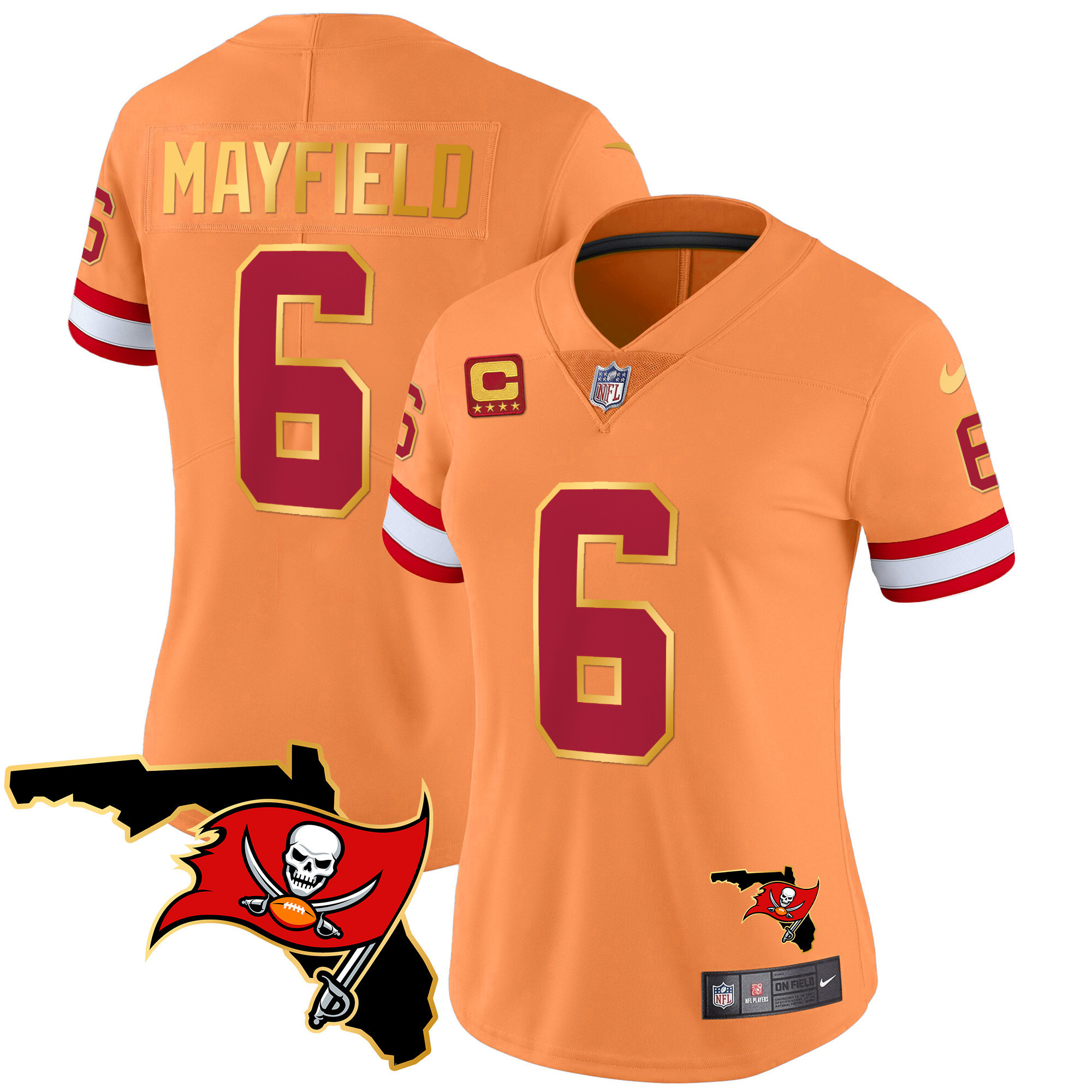 Baker Mayfield Women's Tampa Bay Buccaneers Florida Patch Gold Trim Vapor Orange Jersey - All Stitched