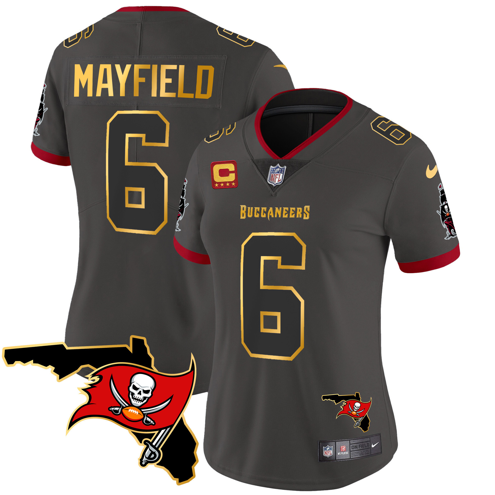 Baker Mayfield Women's Tampa Bay Buccaneers Florida Patch Gold Trim Vapor Pewter Jersey - All Stitched