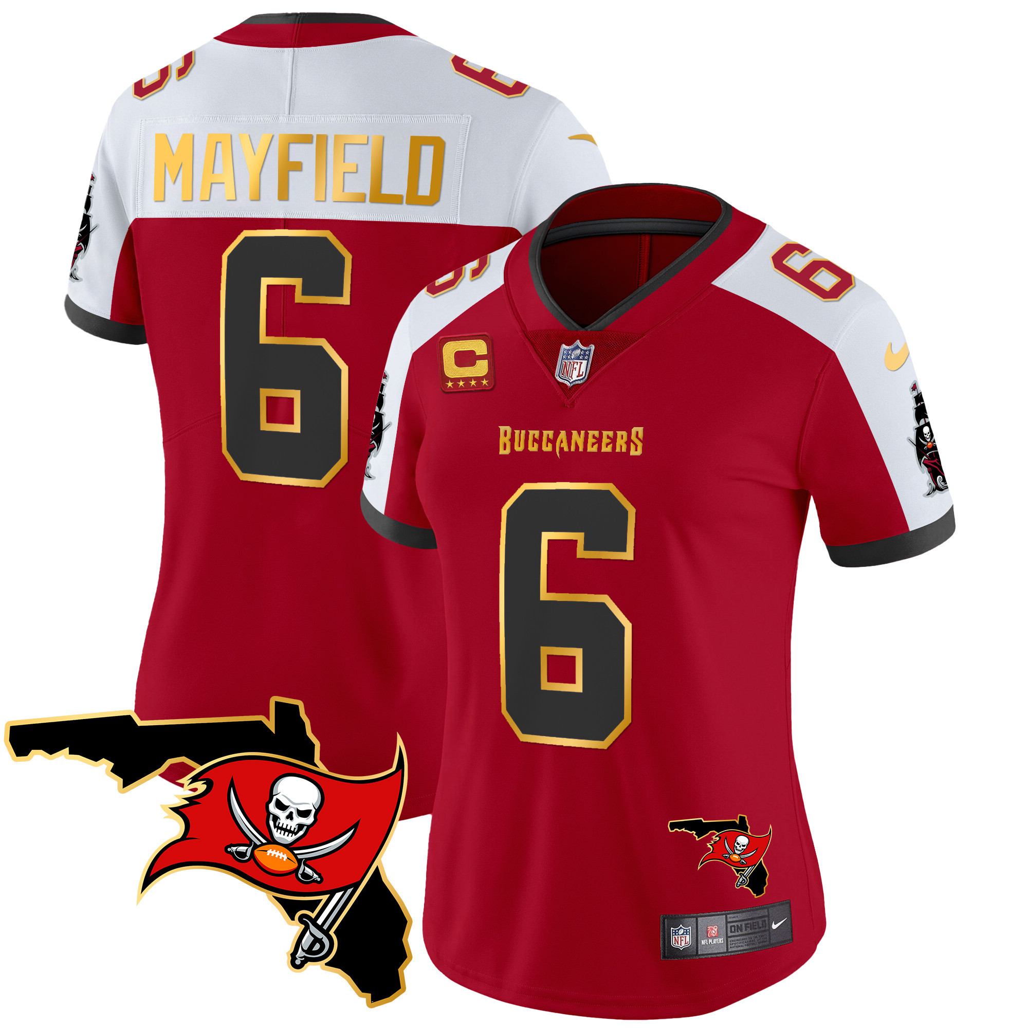 Baker Mayfield Women's Tampa Bay Buccaneers Florida Patch Gold Trim Vapor Red Alternate Jersey - All Stitched