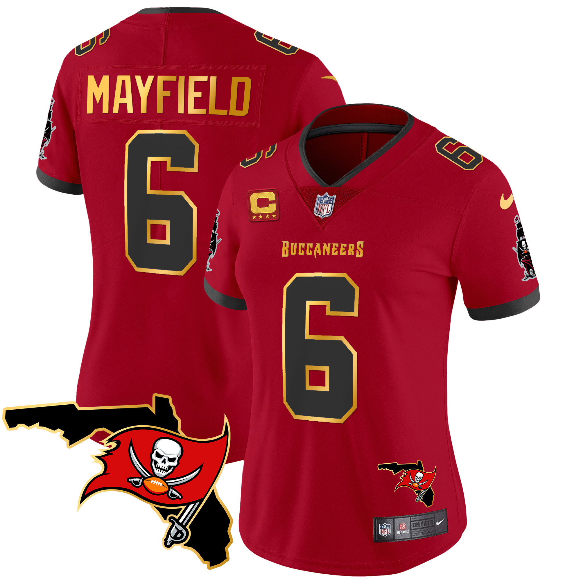 Baker Mayfield Women's Tampa Bay Buccaneers Florida Patch Gold Trim Vapor Red Jersey - All Stitched