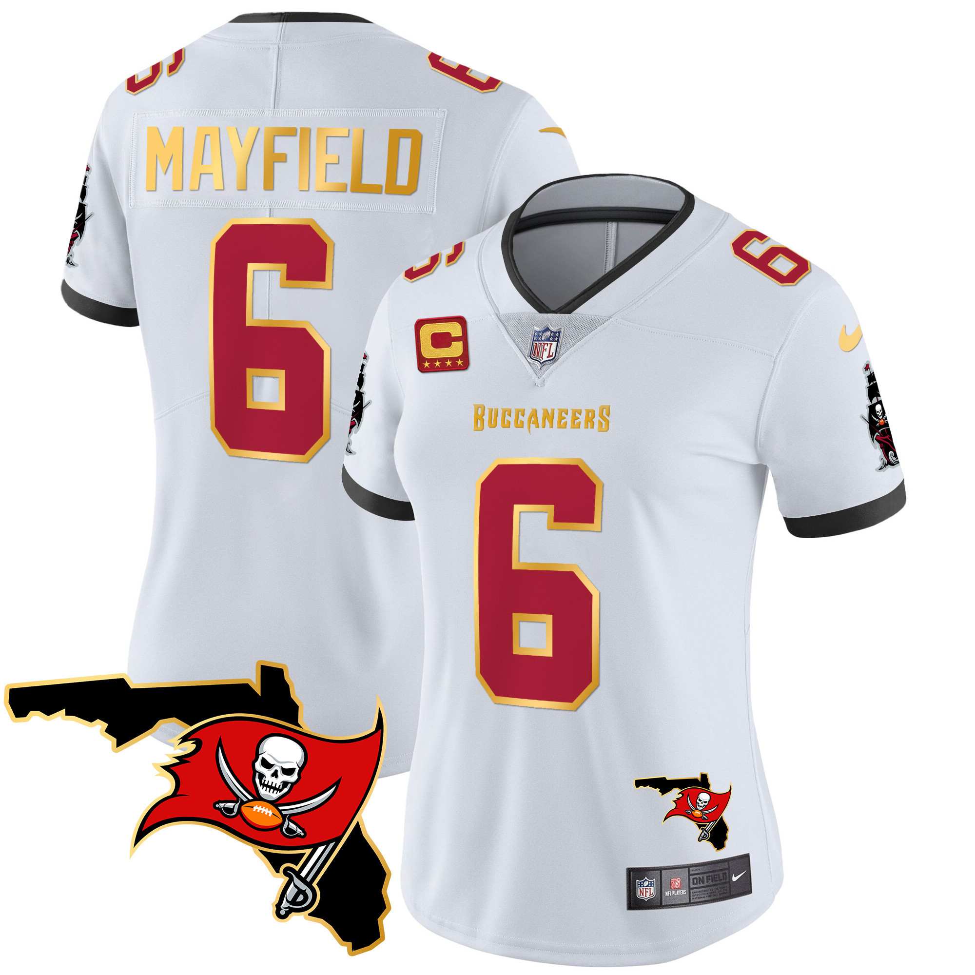 Baker Mayfield Women's Tampa Bay Buccaneers Florida Patch Gold Trim Vapor White Jersey - All Stitched