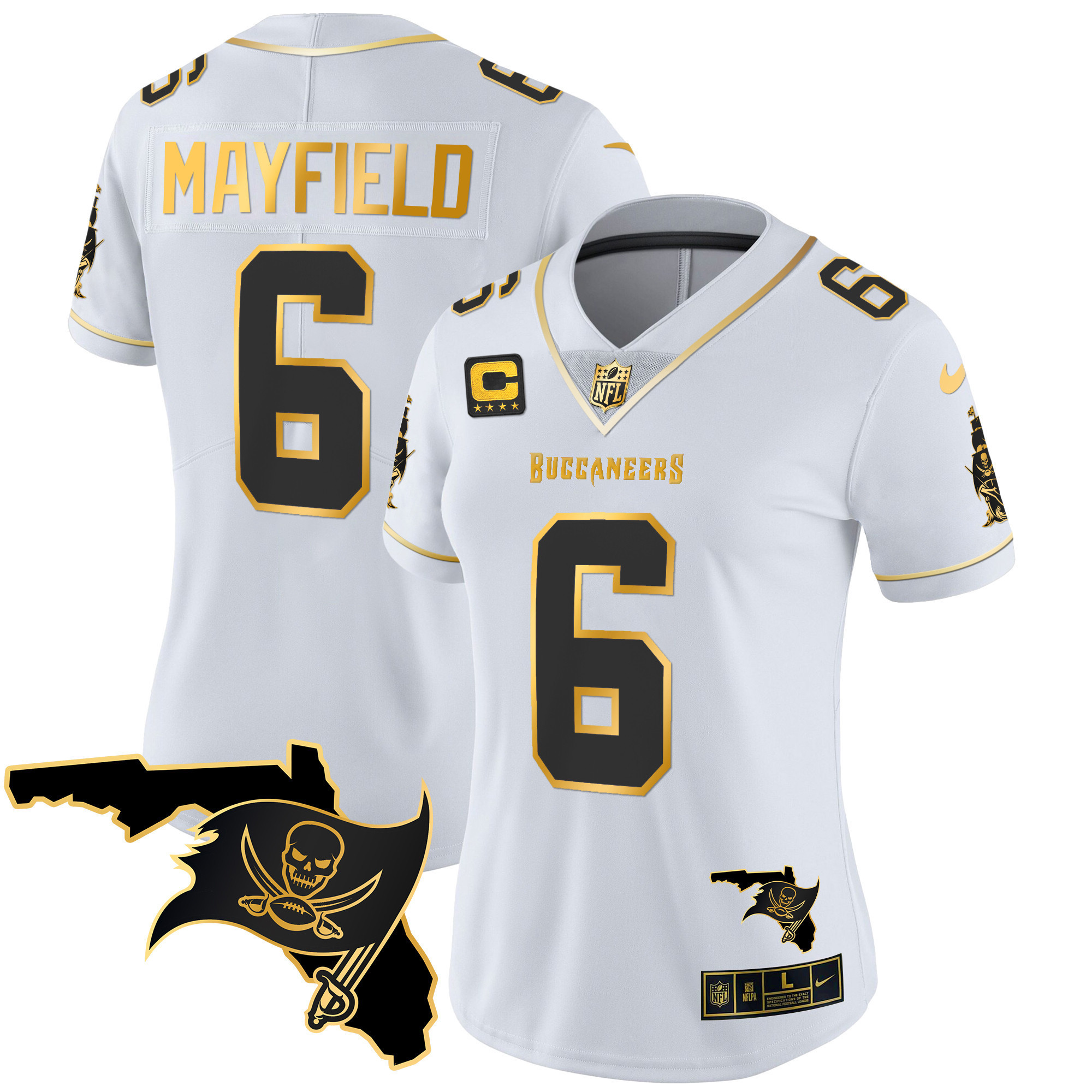 Baker Mayfield Women's Tampa Bay Buccaneers Florida Patch Vapor Gold White Gold Jersey - All Stitched