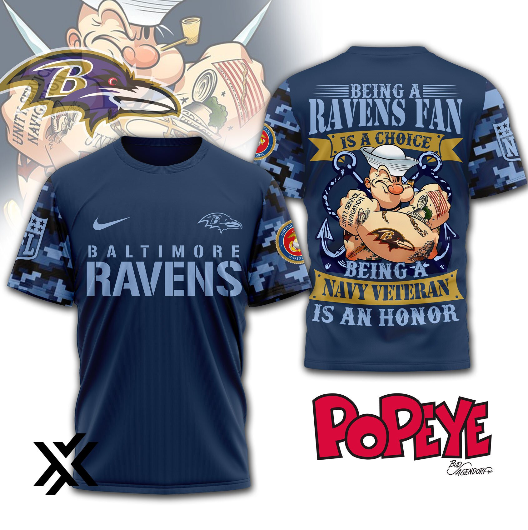 Baltimore Ravens NFL Popeye Navy Veteran 3D T-Shirt