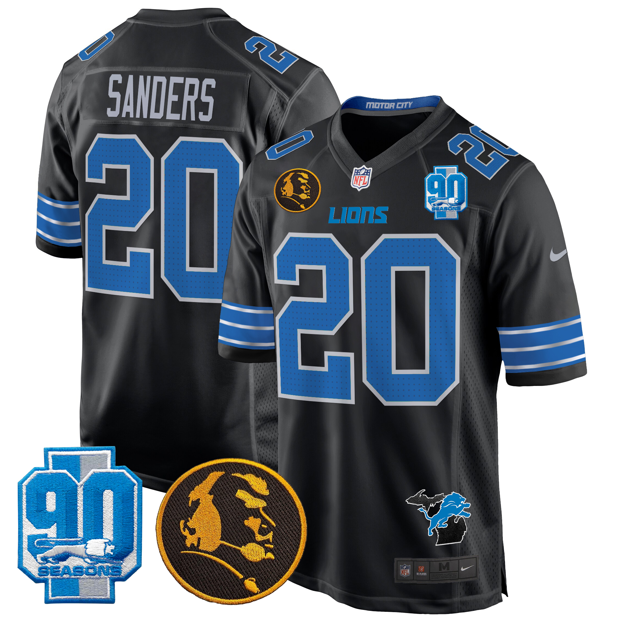 Barry Sanders Men's Detroit Lions 2024 90th & John Madden Patch Game Black Jersey - All Stitched