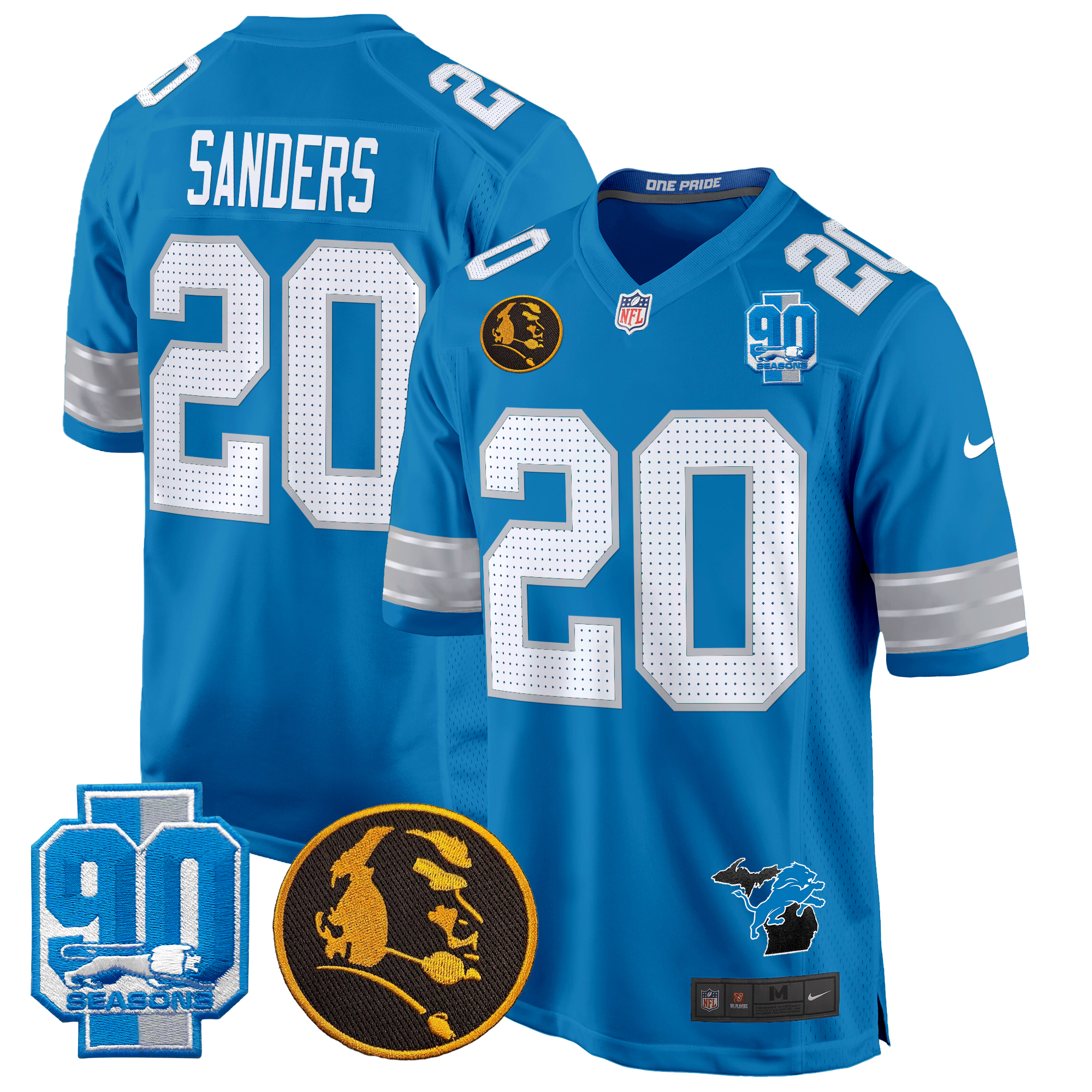 Barry Sanders Men's Detroit Lions 2024 90th & John Madden Patch Game Blue Jersey - All Stitched