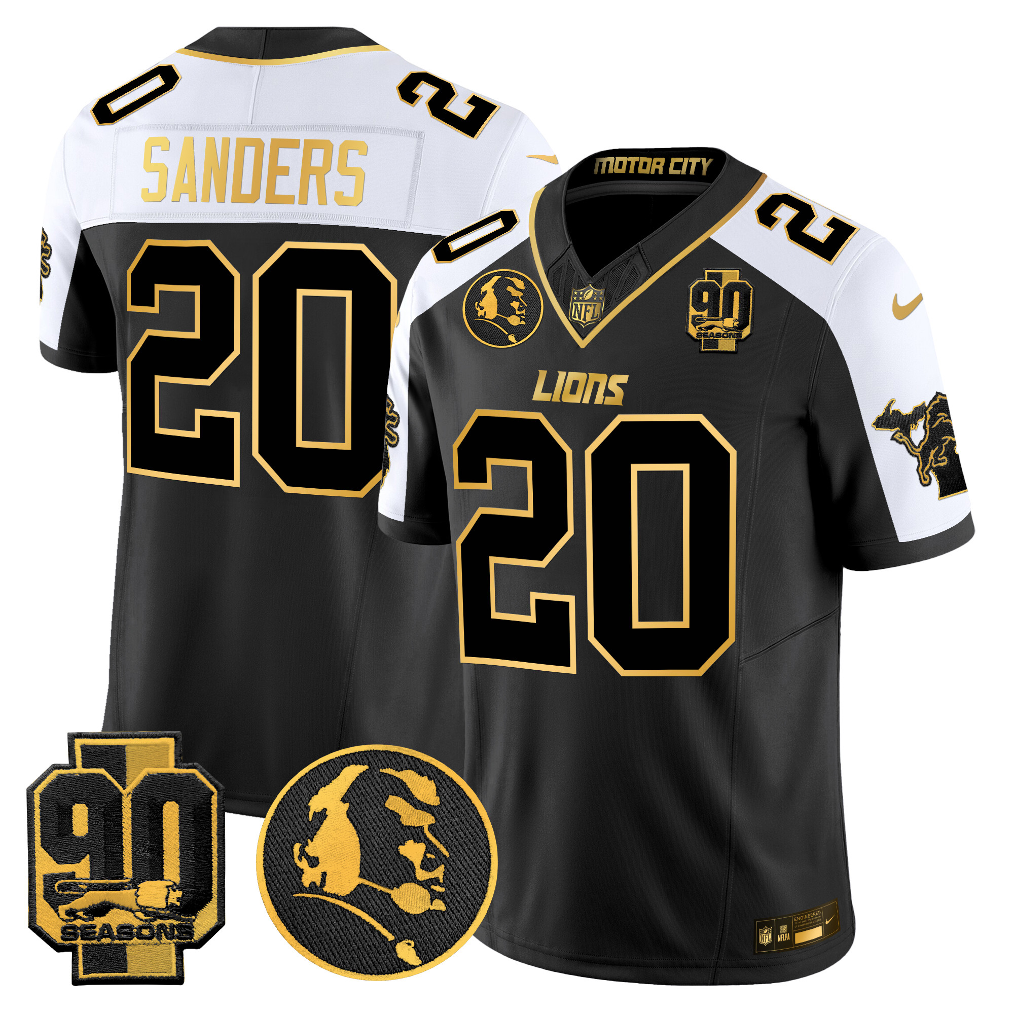 Barry Sanders Men's Detroit Lions 2024 90th & John Madden Patch Gold Vapor Limited Alternate Jersey - All Stitched