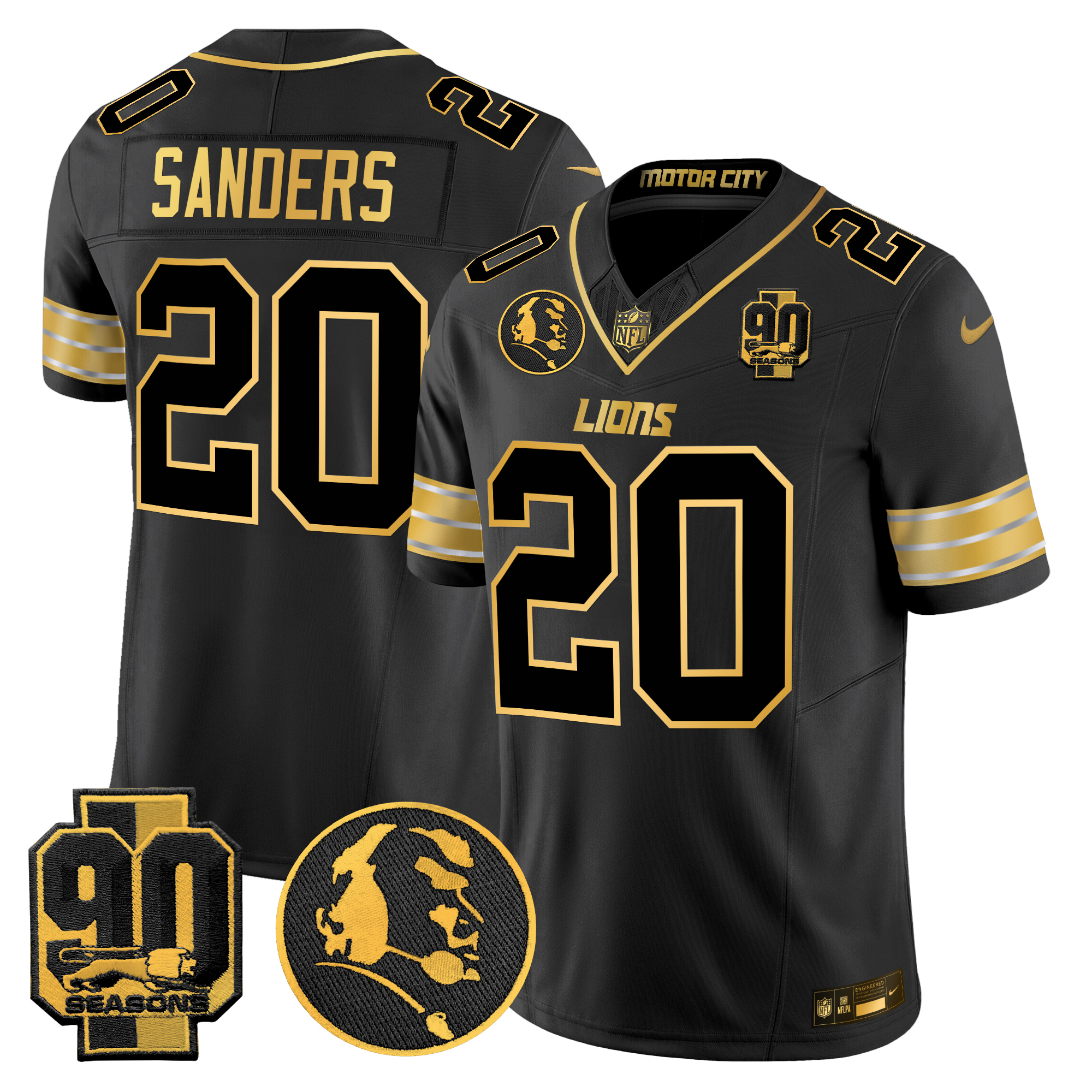 Barry Sanders Men's Detroit Lions 2024 90th & John Madden Patch Gold Vapor Limited Black Gold Jersey - All Stitched