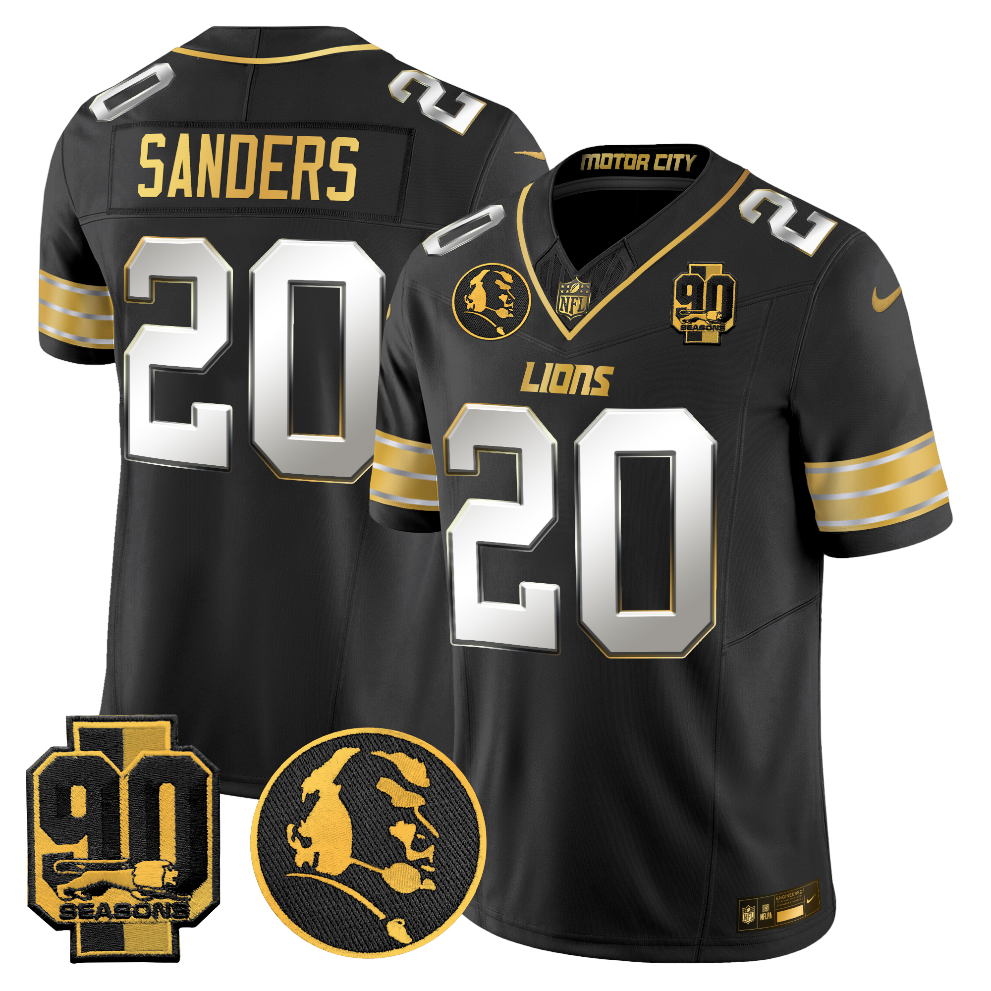 Barry Sanders Men's Detroit Lions 2024 90th & John Madden Patch Gold Vapor Limited Black Limited Jersey - All Stitched