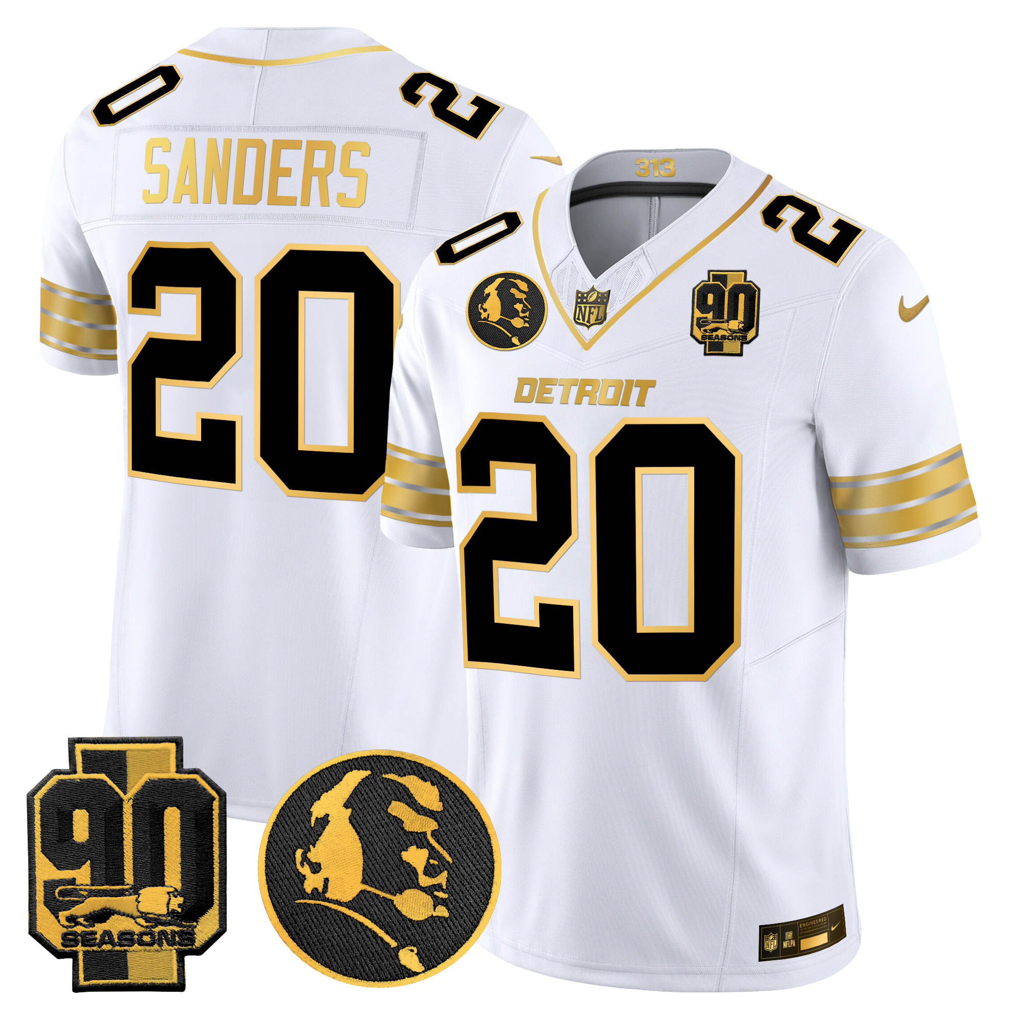 Barry Sanders Men's Detroit Lions 2024 90th & John Madden Patch Gold Vapor Limited White Gold Jersey - All Stitched