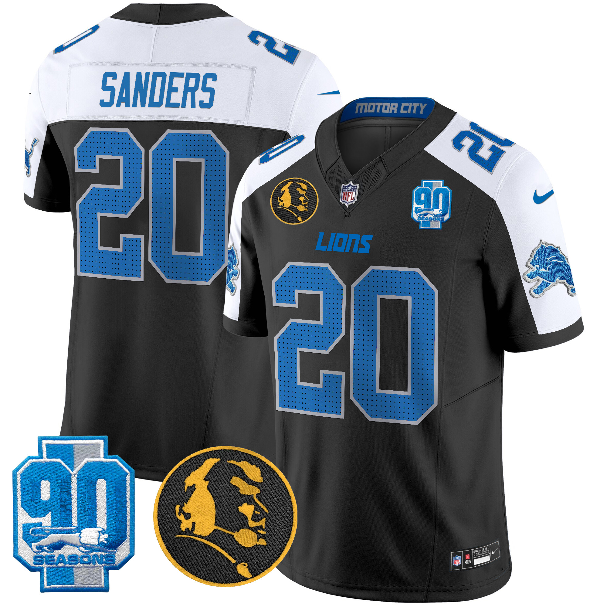Barry Sanders Men's Detroit Lions 2024 90th & John Madden Patch Vapor Limited Black Alternate Jersey - All Stitched