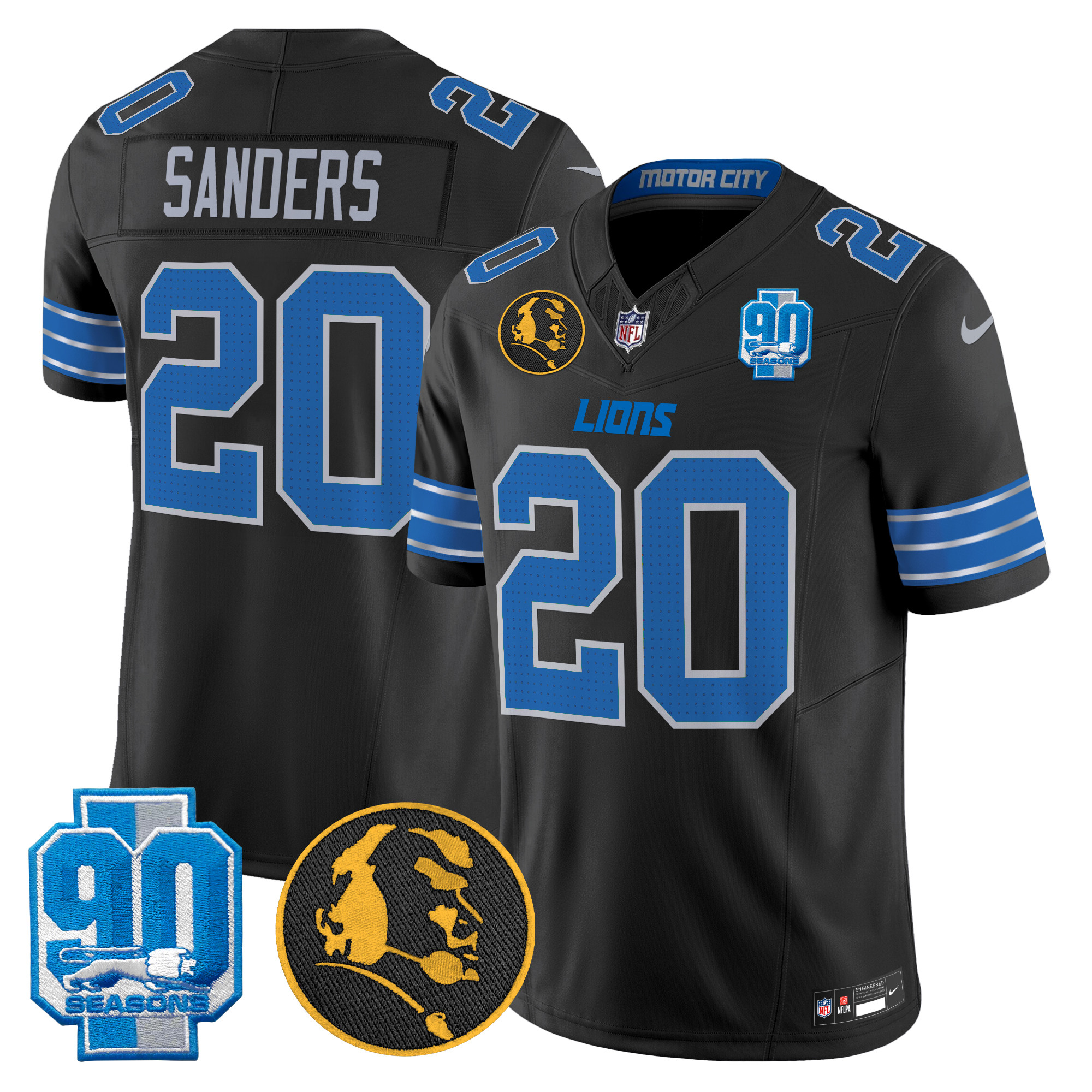Barry Sanders Men's Detroit Lions 2024 90th & John Madden Patch Vapor Limited Black Jersey - All Stitched