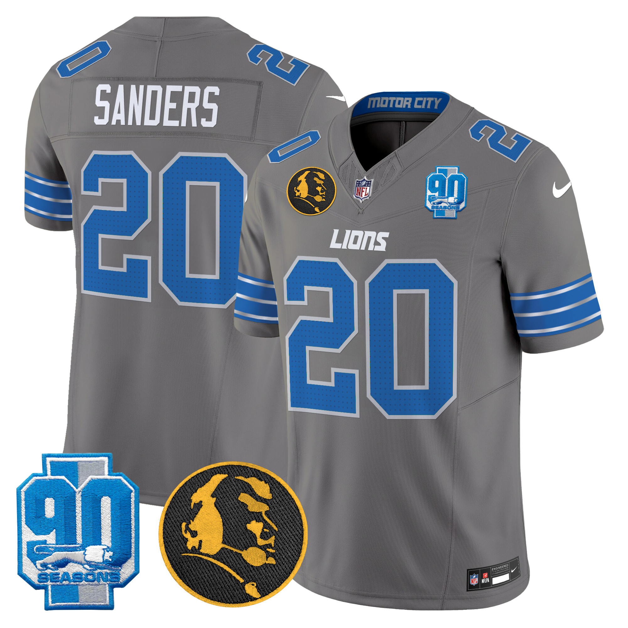 Barry Sanders Men's Detroit Lions 2024 90th & John Madden Patch Vapor Limited Gray Jersey - All Stitched