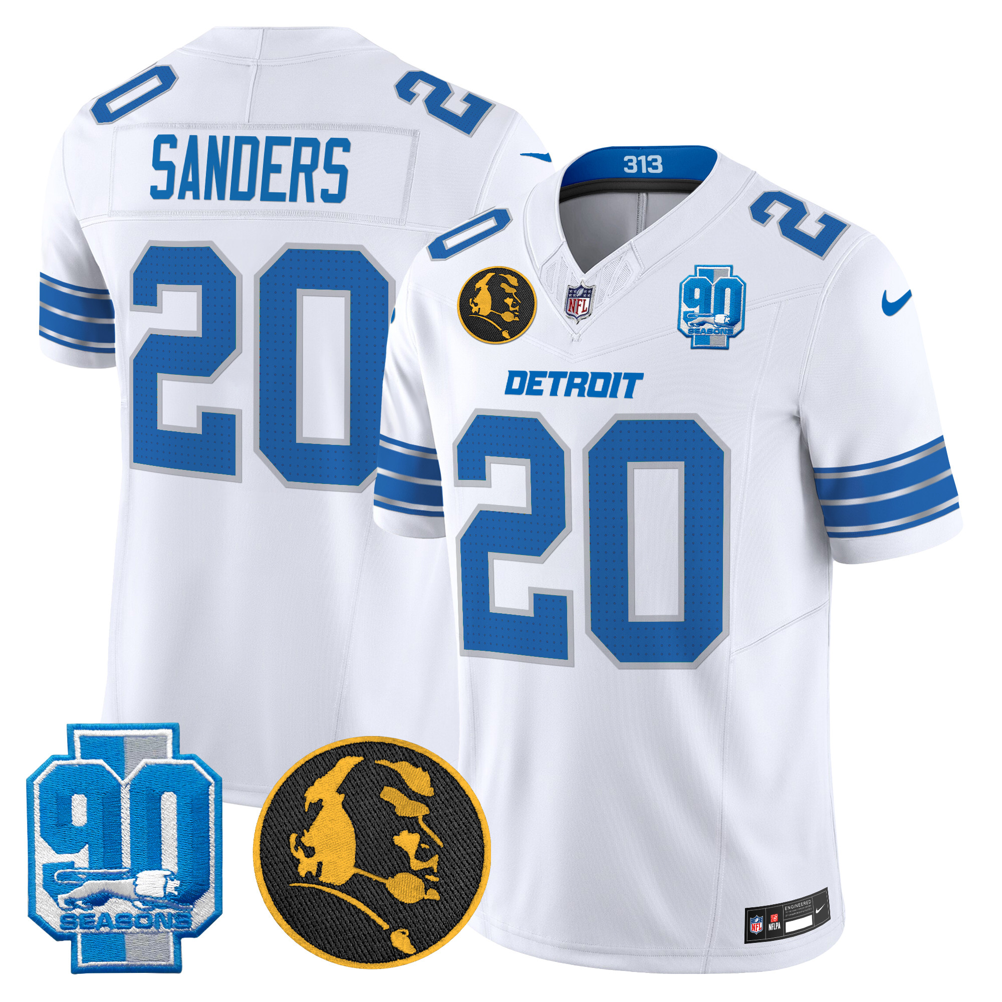 Barry Sanders Men's Detroit Lions 2024 90th & John Madden Patch Vapor Limited White Jersey - All Stitched