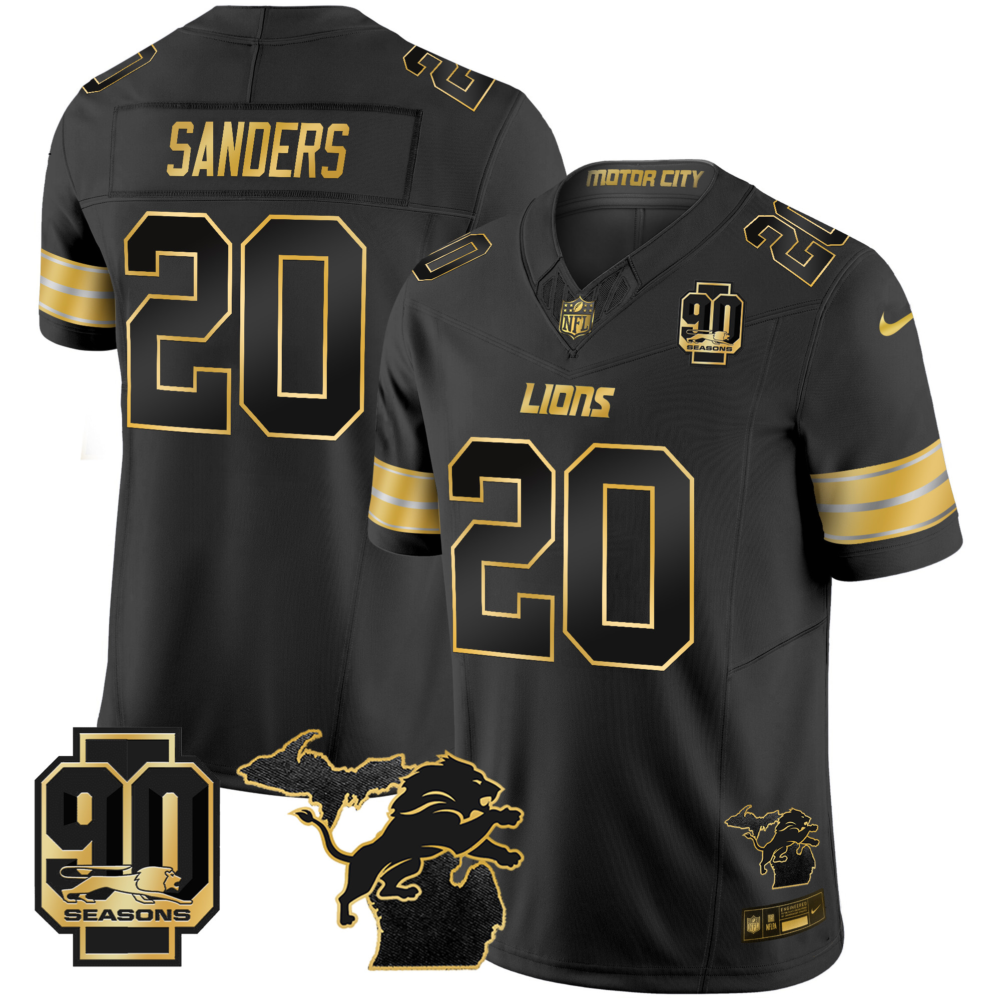 Barry Sanders Men's Detroit Lions 2024 Michigan & 90th Season Patch Gold Vapor Limited Black Gold Jersey - All Stitched