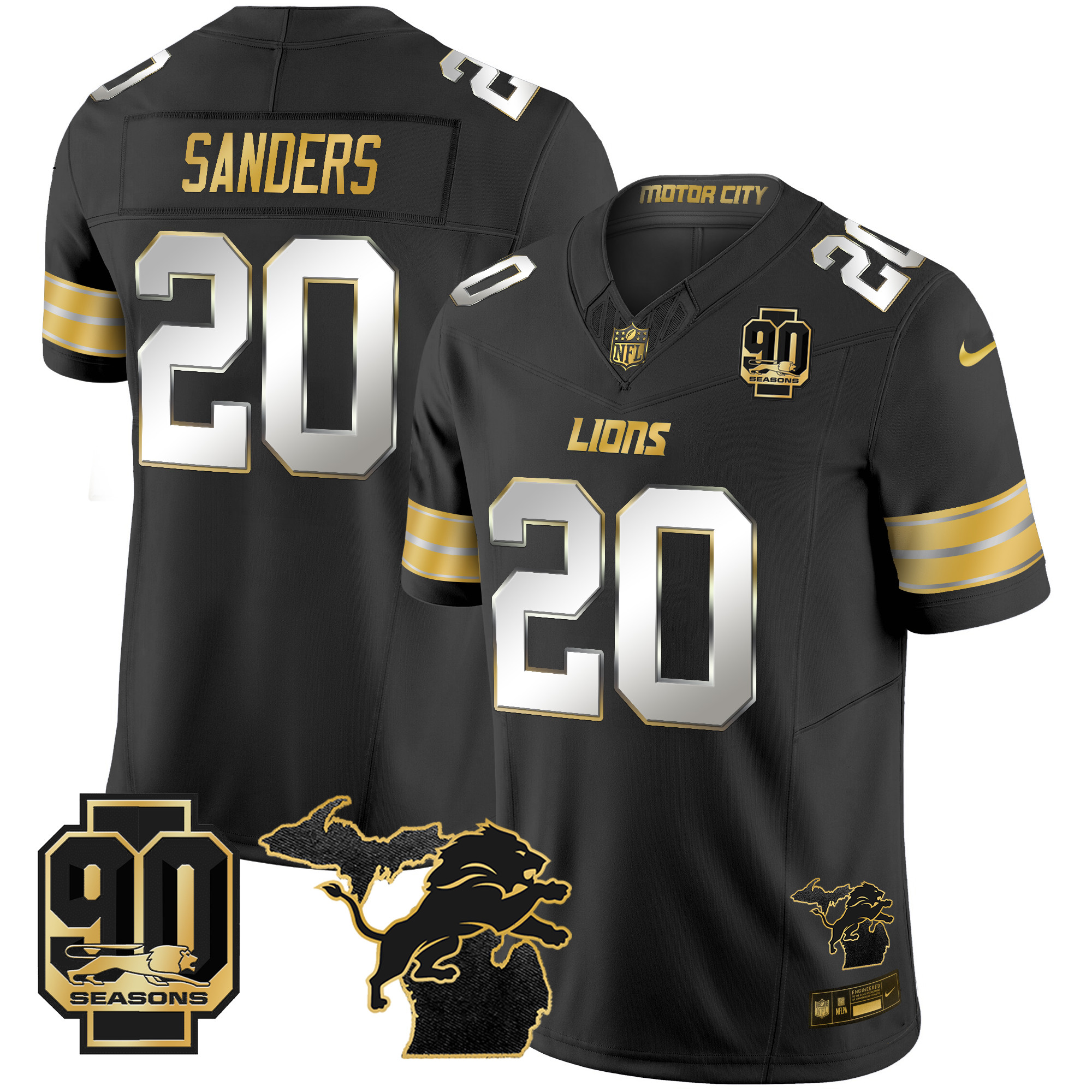 Barry Sanders Men's Detroit Lions 2024 Michigan & 90th Season Patch Gold Vapor Limited Black Limited Jersey - All Stitched