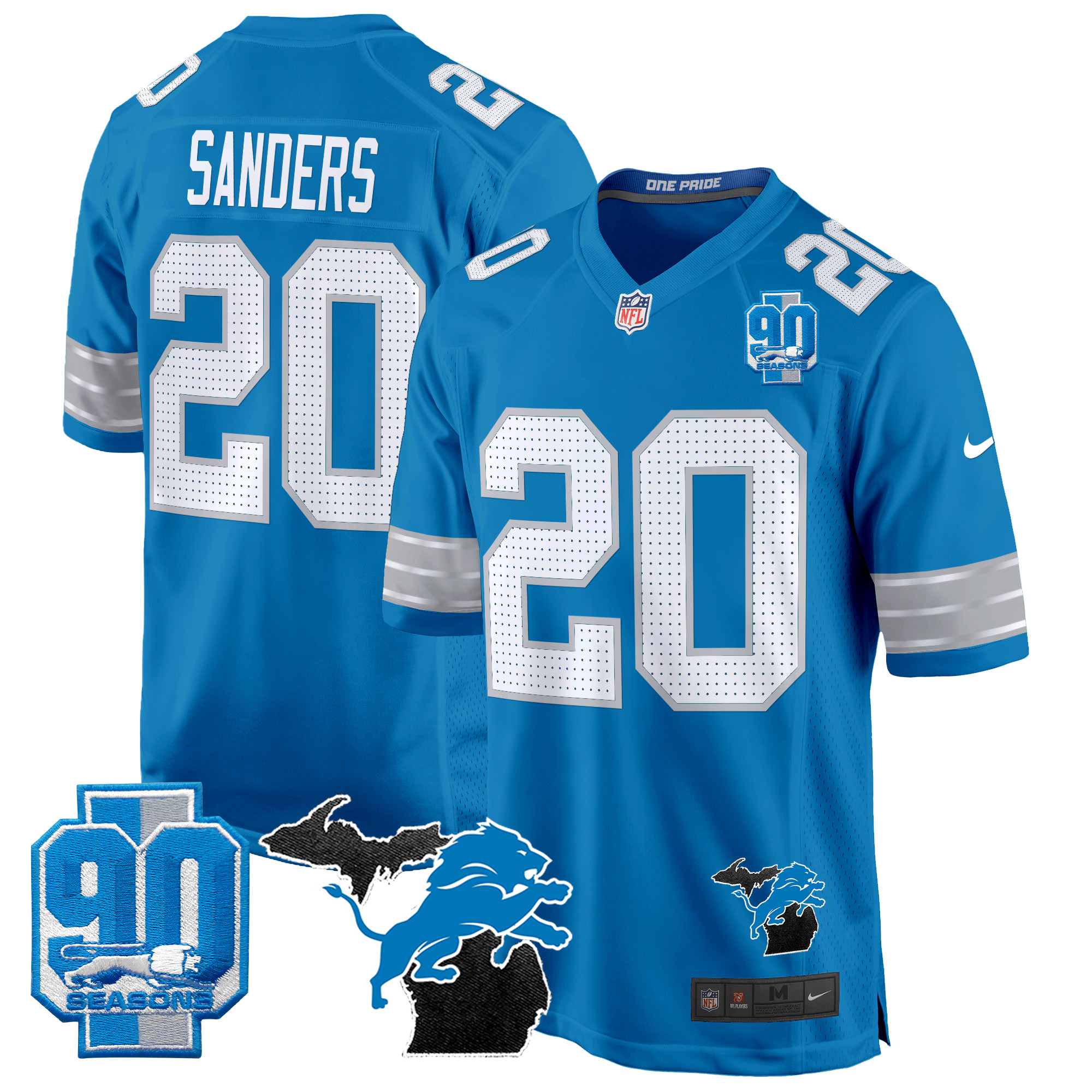 Barry Sanders Men's Detroit Lions 2024 Michigan & 90th Year Patch Game Blue Jersey - All Stitched