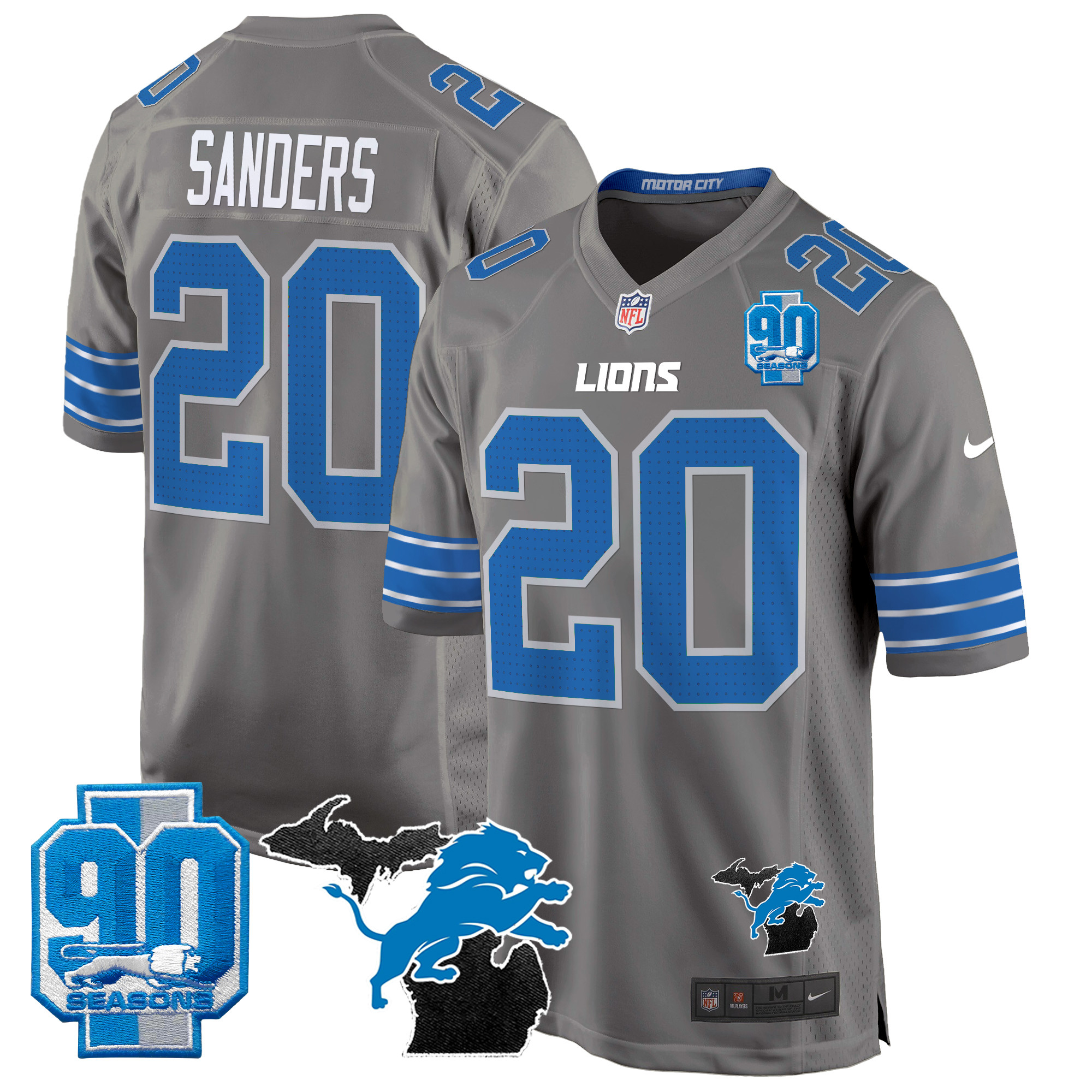 Barry Sanders Men's Detroit Lions 2024 Michigan & 90th Year Patch Game Gray Jersey - All Stitched
