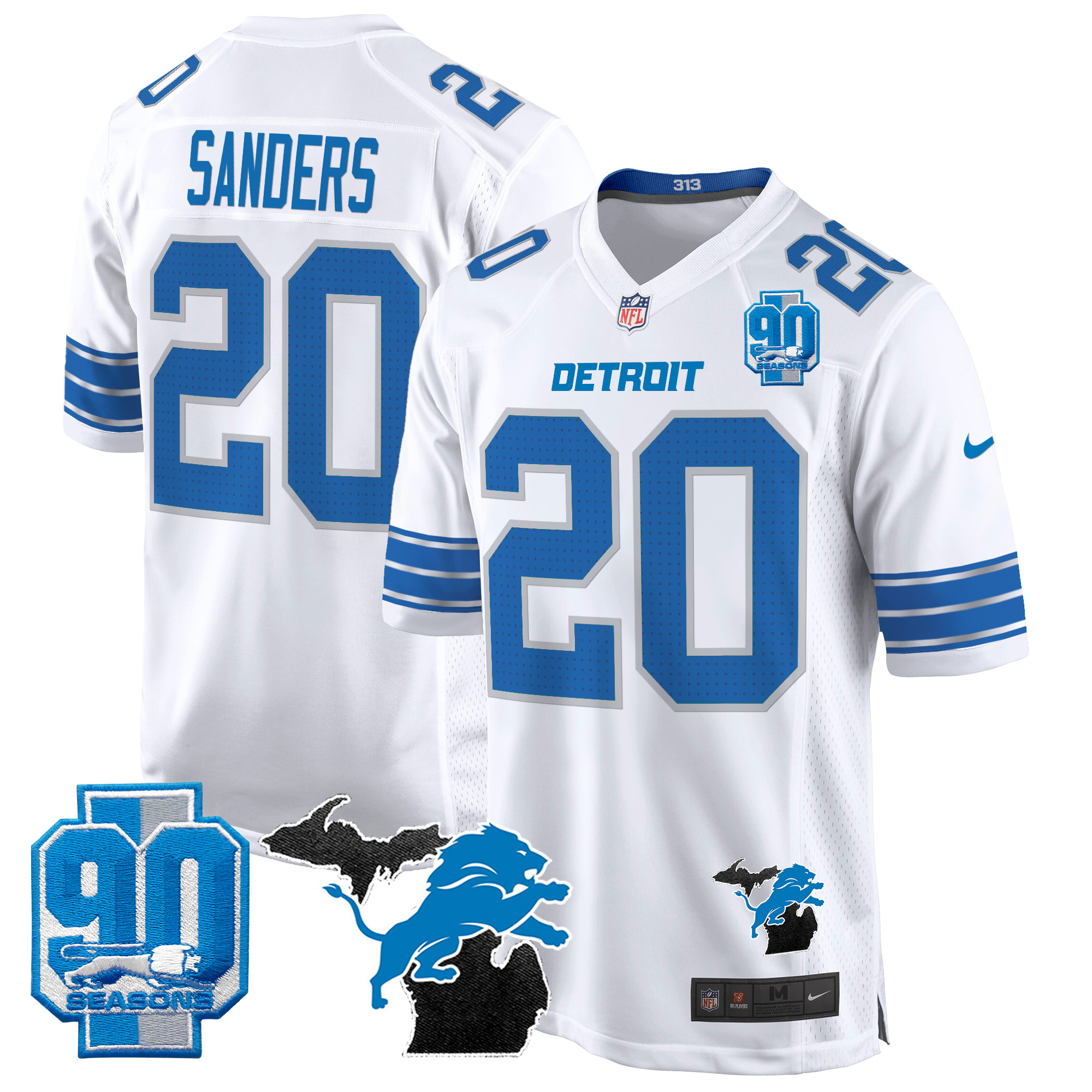 Barry Sanders Men's Detroit Lions 2024 Michigan & 90th Year Patch Game White Jersey - All Stitched